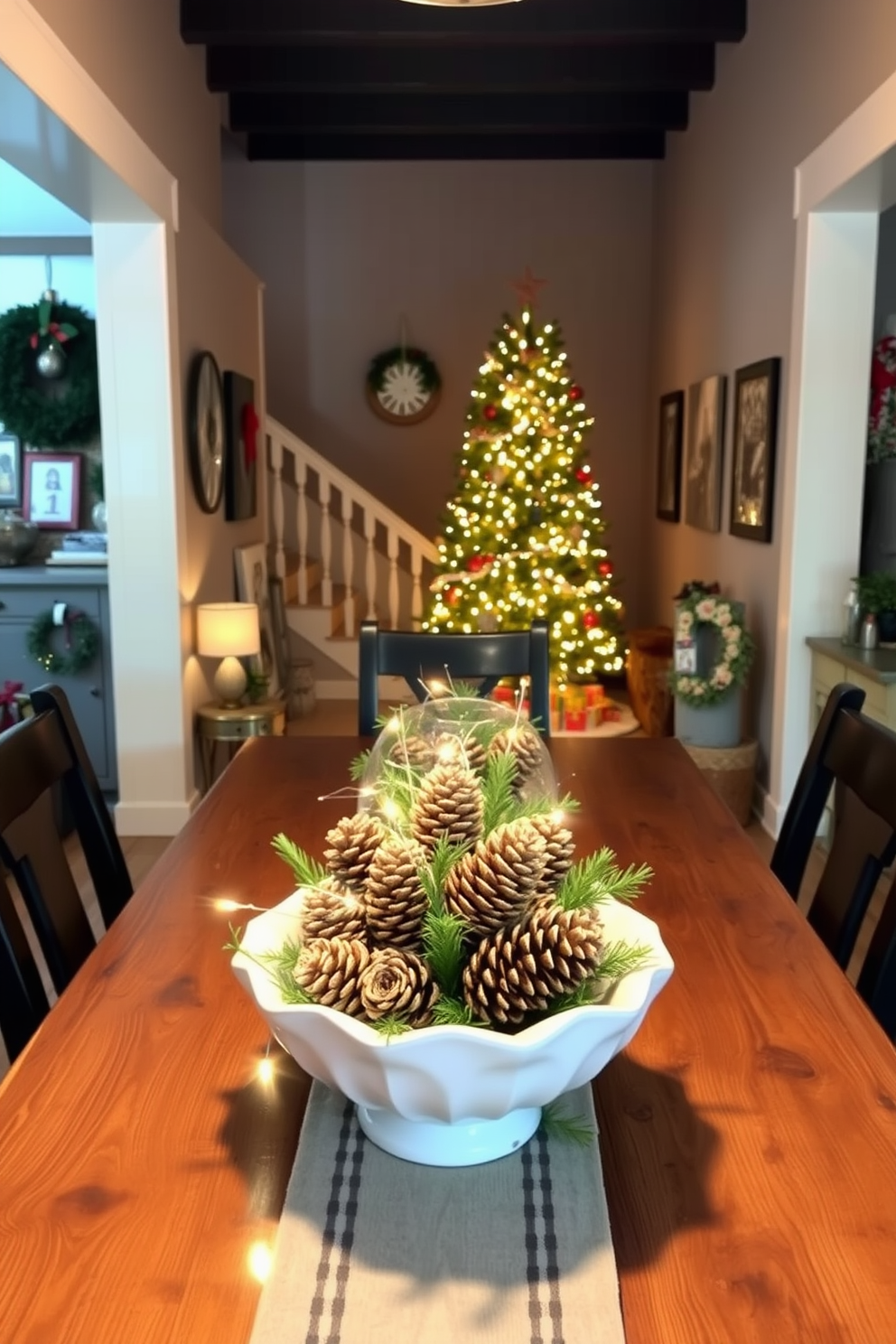 A rustic dining table adorned with elegant pinecone centerpieces. The pinecones are arranged in a decorative bowl surrounded by greenery and twinkling fairy lights. A cozy basement transformed into a festive retreat for Christmas celebrations. The space features a beautifully decorated tree, warm lighting, and holiday-themed accents throughout.