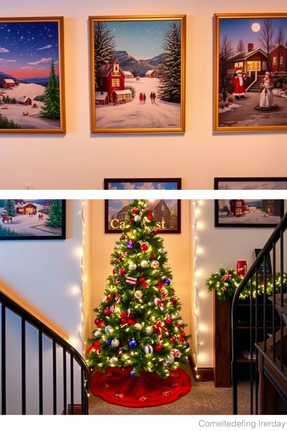 Holiday-themed artwork adorns the walls, featuring vibrant scenes of winter landscapes and festive celebrations. The basement is transformed into a cozy retreat, decorated with twinkling string lights and a beautifully adorned Christmas tree.