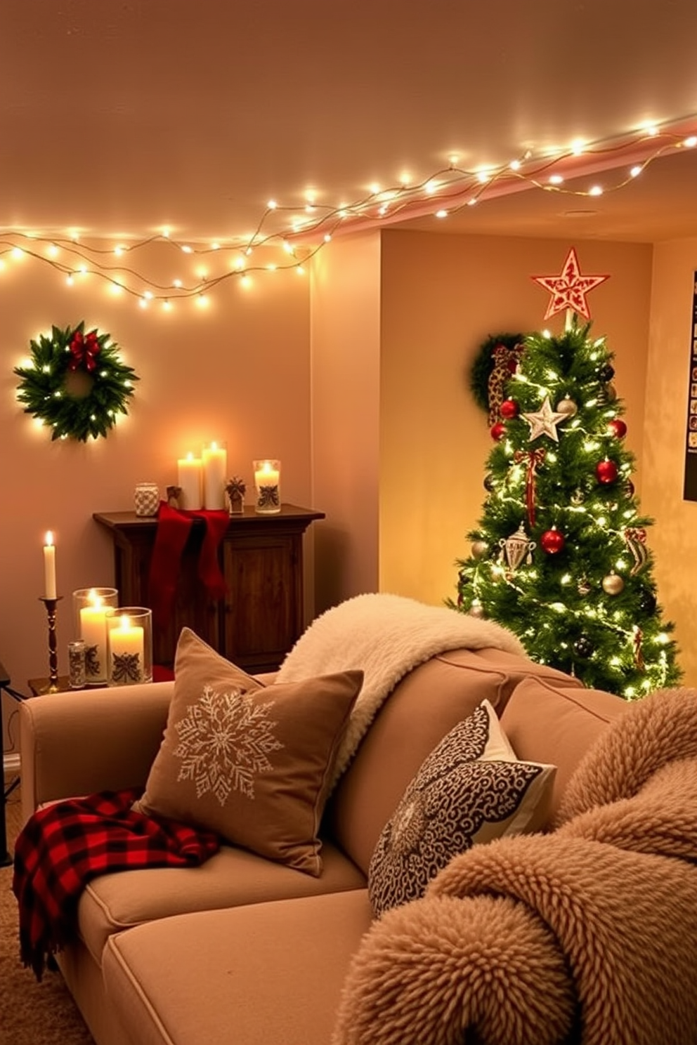 Create a cozy basement space decorated for Christmas. The room features a warm color palette with twinkling fairy lights strung across the ceiling and a beautifully adorned Christmas tree in the corner. Scented candles in festive holders are placed on various surfaces, filling the air with delightful fragrances. Plush throws and decorative pillows are arranged on a comfortable sofa, inviting relaxation and holiday cheer.