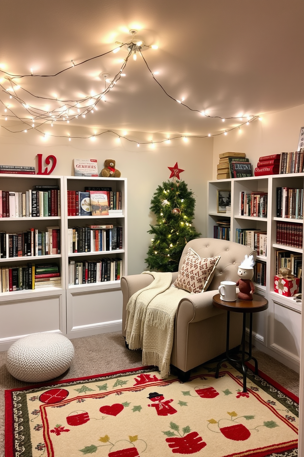 A cozy reading nook is created in a corner of the basement with a plush armchair and a soft throw blanket. Shelves filled with holiday-themed books line the walls, and a small side table holds a steaming mug of cocoa. Twinkling fairy lights are draped across the ceiling, adding a warm glow to the space. A festive rug with holiday motifs anchors the area, inviting you to settle in with your favorite seasonal reads.