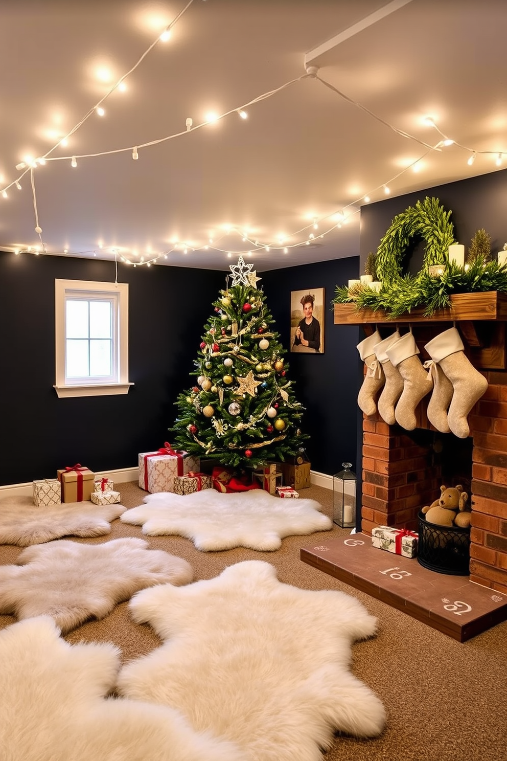 A cozy basement retreat adorned with soft faux fur rugs that add warmth and texture to the space. The walls are painted a deep navy blue, and twinkling fairy lights are draped across the ceiling for a festive ambiance. A beautifully decorated Christmas tree stands in the corner, surrounded by carefully wrapped presents. Stockings hang from a rustic wooden mantle, complemented by seasonal greenery and twinkling ornaments.