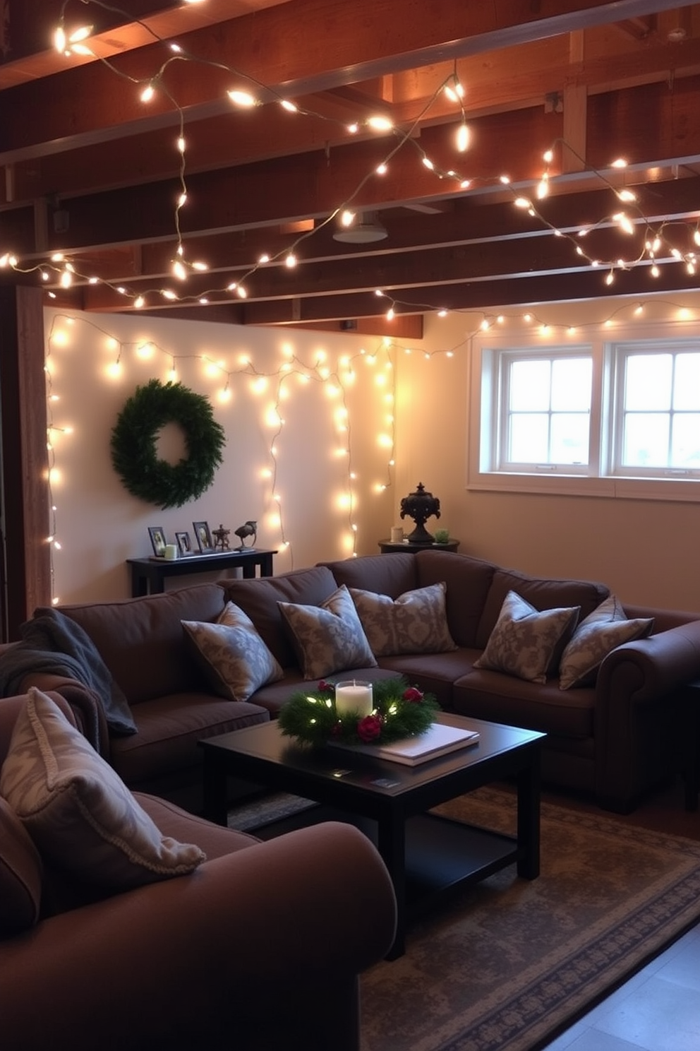 Create a cozy basement space decorated for Christmas. String lights are elegantly draped over the furniture, casting a warm glow throughout the room.