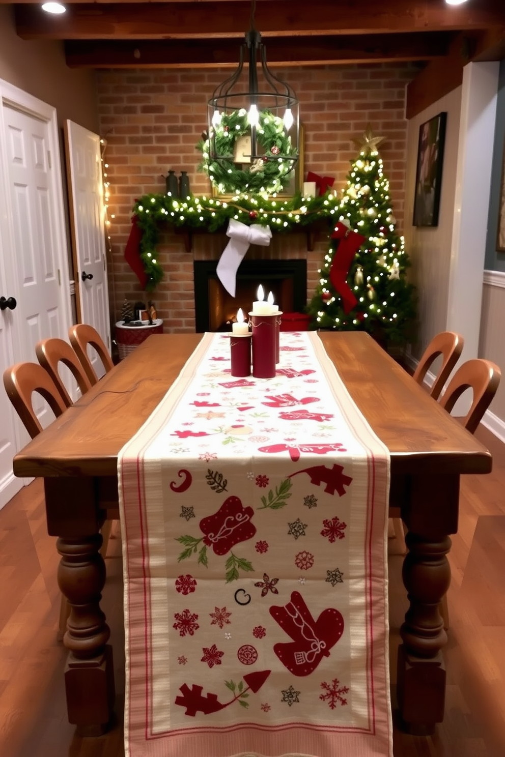 A beautifully decorated basement space for the holidays. A festive table runner adorned with seasonal motifs stretches across a rustic wooden table, complemented by twinkling fairy lights and pinecone accents.