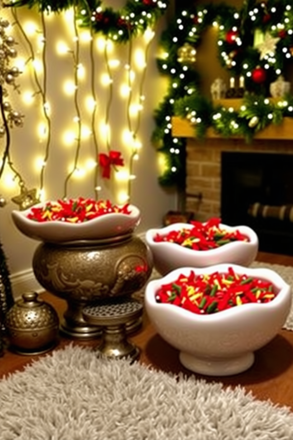 Create a cozy basement setting for Christmas. There are decorative bowls filled with seasonal potpourri, exuding festive scents and vibrant colors. The walls are adorned with twinkling fairy lights and festive garlands. A plush area rug anchors the space, inviting relaxation while enjoying the holiday atmosphere.