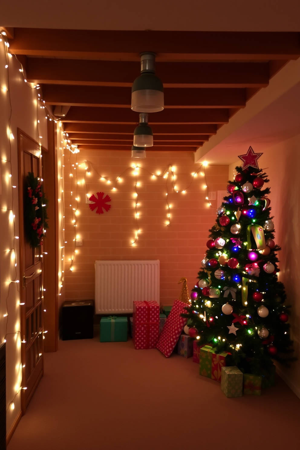 Twinkling fairy lights delicately drape along the walls, creating a warm and inviting atmosphere in the basement. The space is adorned with festive decorations, including a beautifully adorned Christmas tree in the corner, surrounded by colorful wrapped gifts.