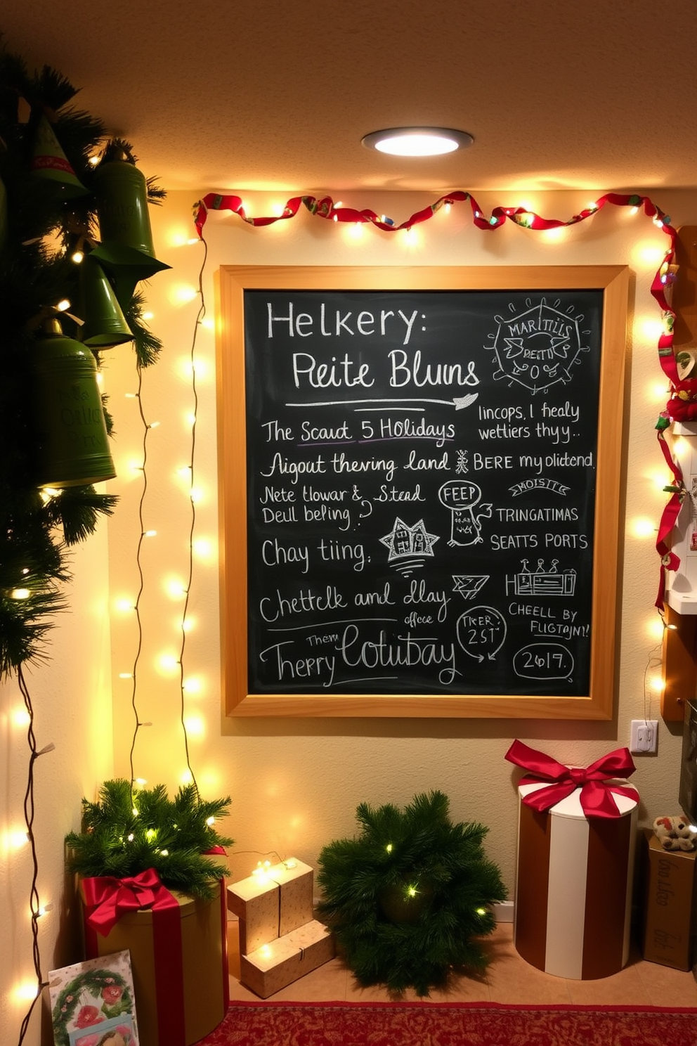 A cozy basement space decorated for the holidays features a large chalkboard adorned with festive messages and drawings. Surrounding the chalkboard are twinkling fairy lights and colorful garlands that enhance the cheerful atmosphere.