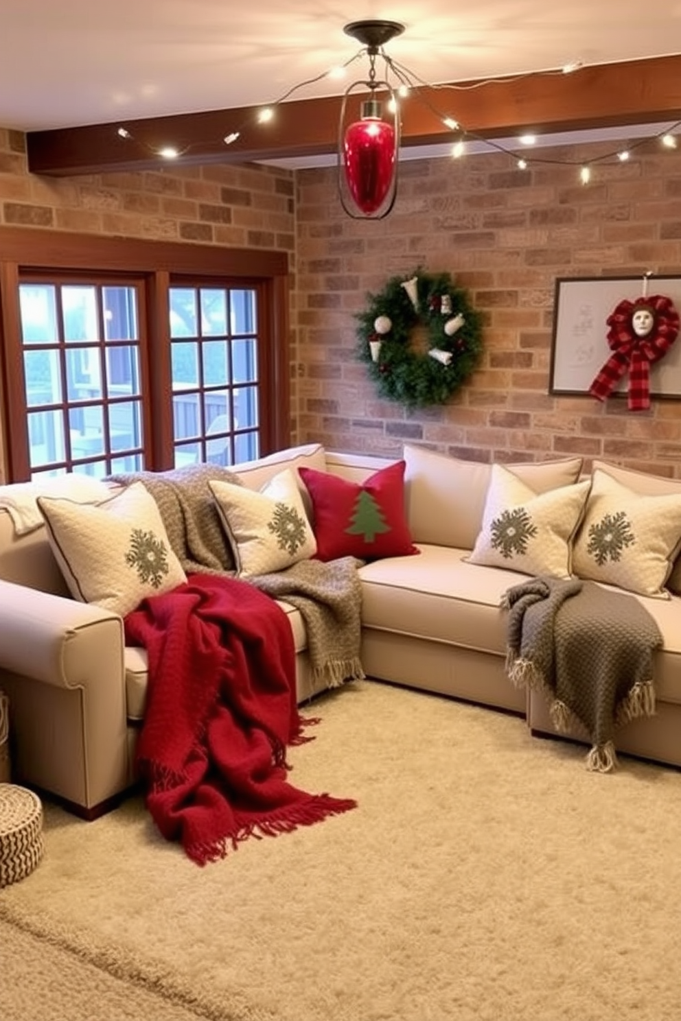 Create a cozy basement space decorated for Christmas. Layer soft blankets and textured throws across a plush sectional sofa, complemented by festive pillows and twinkling string lights overhead.