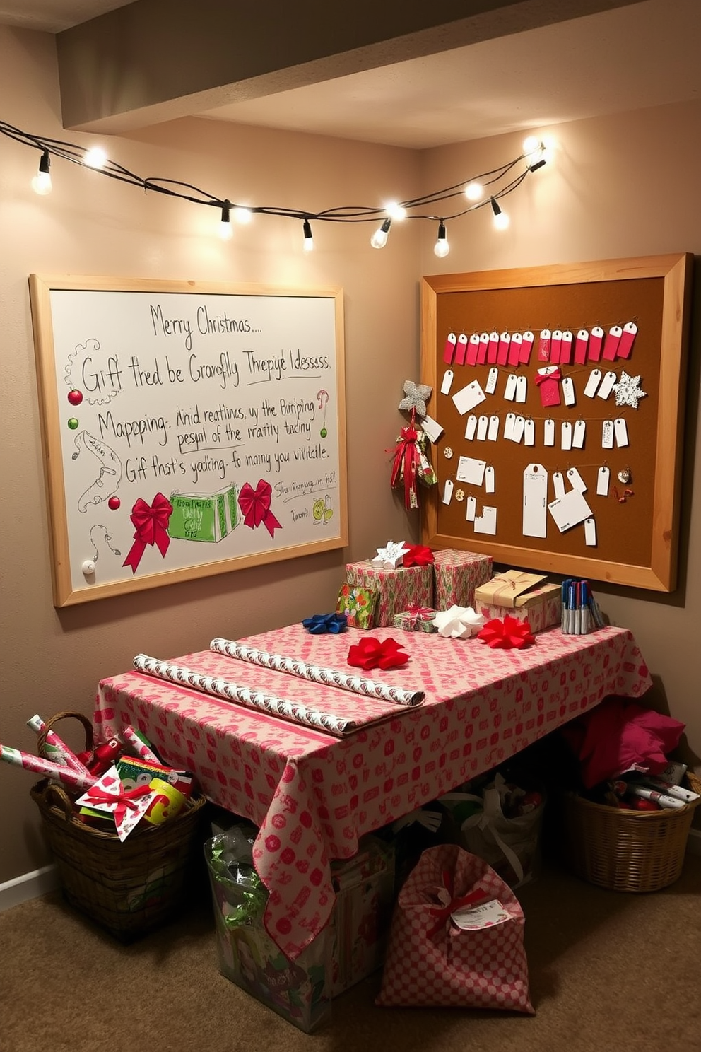 A creative wrapping station for gifts is set up in a cozy corner of the basement. The table is covered with festive wrapping paper, and colorful ribbons and bows are neatly arranged in baskets nearby. String lights hang above, casting a warm glow over the space. A large corkboard displays inspirational wrapping ideas, while a selection of gift tags and markers are easily accessible for personalization.