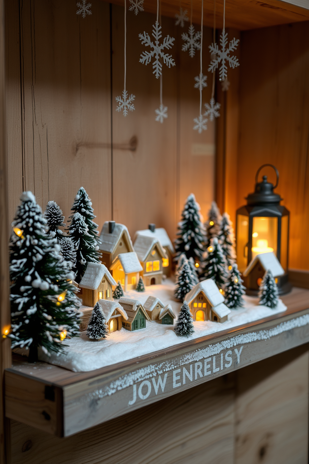 A cozy snowy village display nestled on a rustic wooden shelf. The scene features charming miniature houses dusted with white snow, surrounded by pine trees and twinkling fairy lights. In the background, a soft glow from a small lantern enhances the festive atmosphere. Delicate snowflakes hang above, creating a whimsical winter wonderland effect.