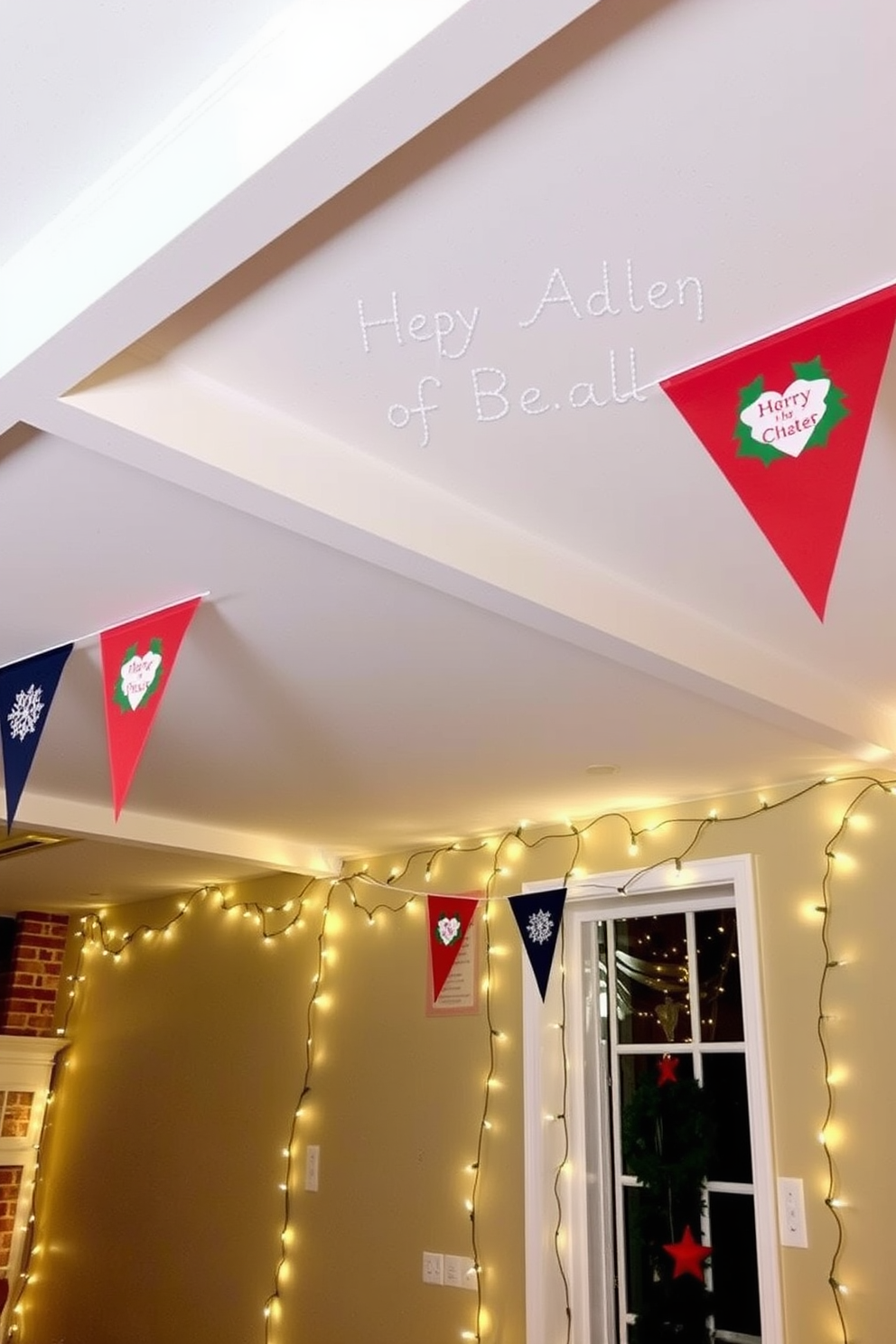 Festive banners hang gracefully from the ceiling, adding a cheerful touch to the basement space. The walls are adorned with twinkling fairy lights, creating a warm and inviting atmosphere perfect for holiday gatherings.