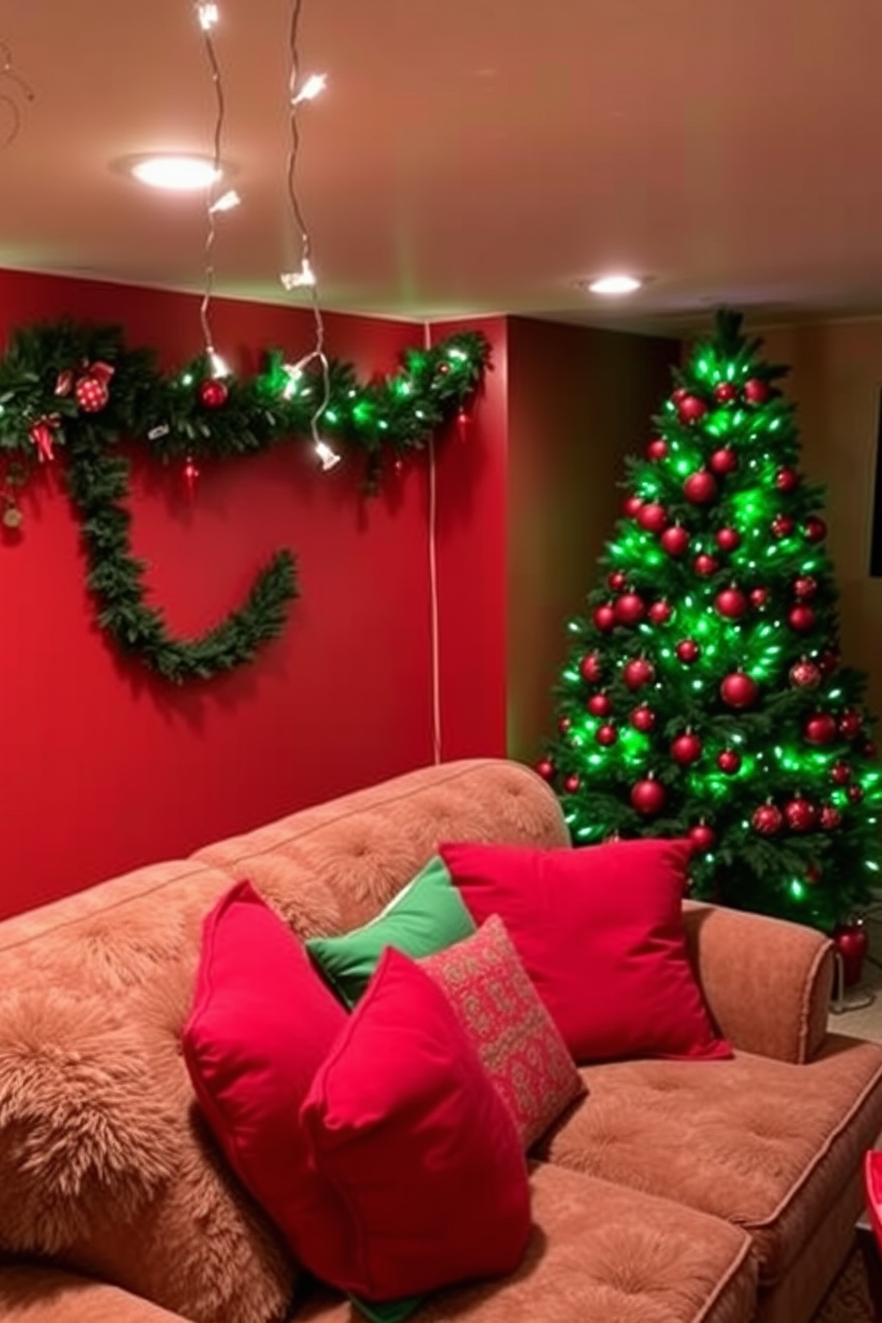 A cozy basement space decorated for Christmas features a vibrant red and green color scheme. The walls are adorned with festive garlands, and a large Christmas tree decorated with red ornaments and green lights stands in the corner. Red and green throw pillows are scattered across a plush sofa, creating a warm and inviting atmosphere. Twinkling fairy lights hang from the ceiling, adding a magical touch to the holiday decor.