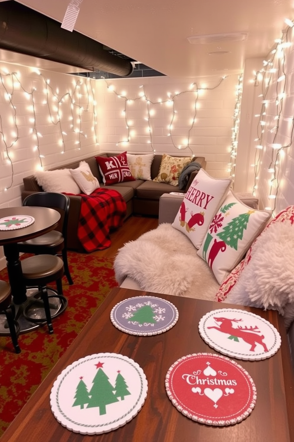 Holiday themed coasters are placed on various tables throughout the basement. Each coaster features festive designs such as snowflakes, Christmas trees, and reindeer, adding a cheerful touch to the decor. The basement is adorned with twinkling string lights draped along the walls. A cozy seating area is set up with plush blankets and holiday-themed pillows, creating an inviting atmosphere for gatherings.