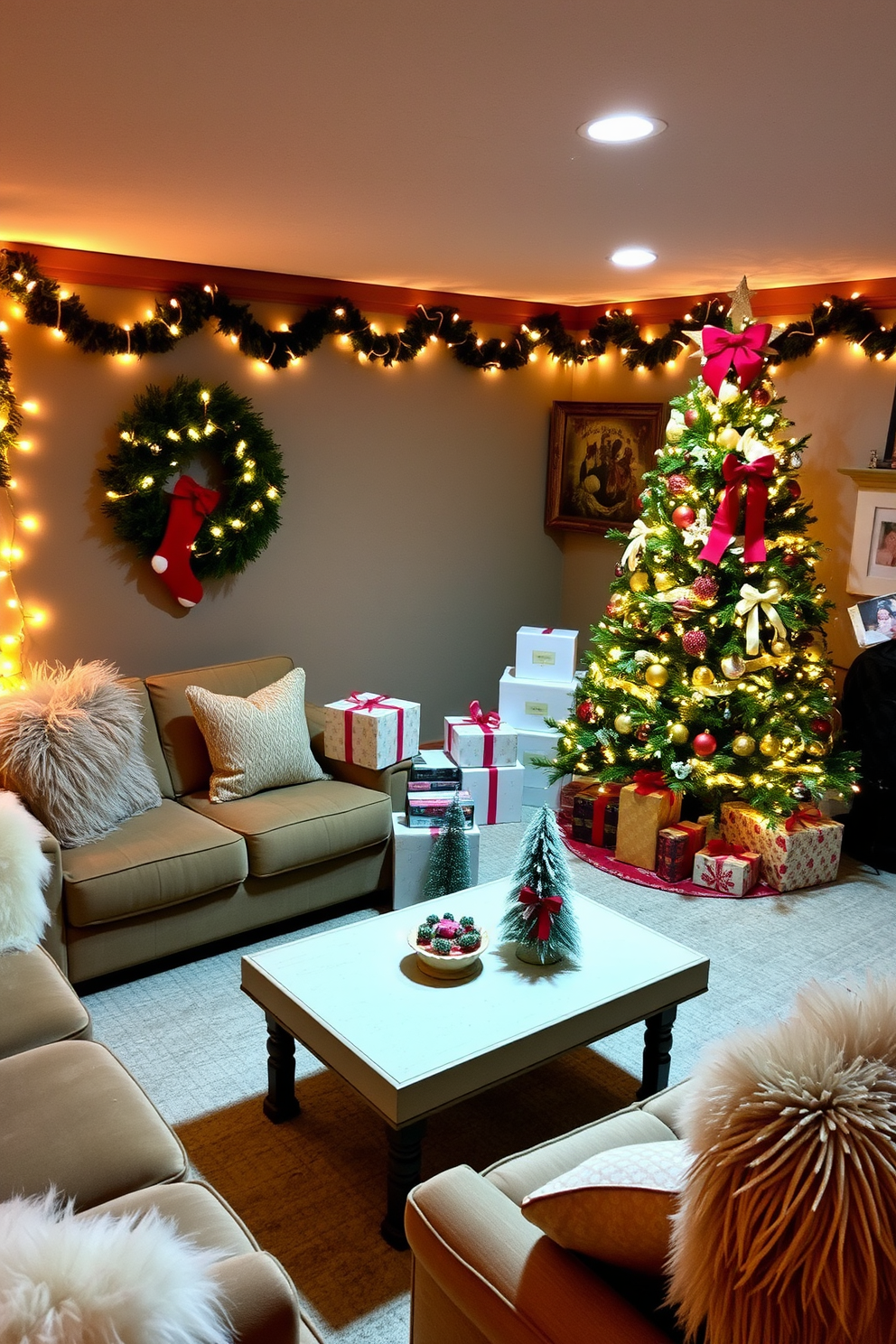 A cozy basement space adorned with festive decorations. Soft Christmas lights twinkle along the walls, creating a warm and inviting atmosphere. A beautifully decorated Christmas tree stands in the corner, surrounded by wrapped gifts. Plush seating is arranged around a coffee table, adorned with holiday-themed centerpieces.