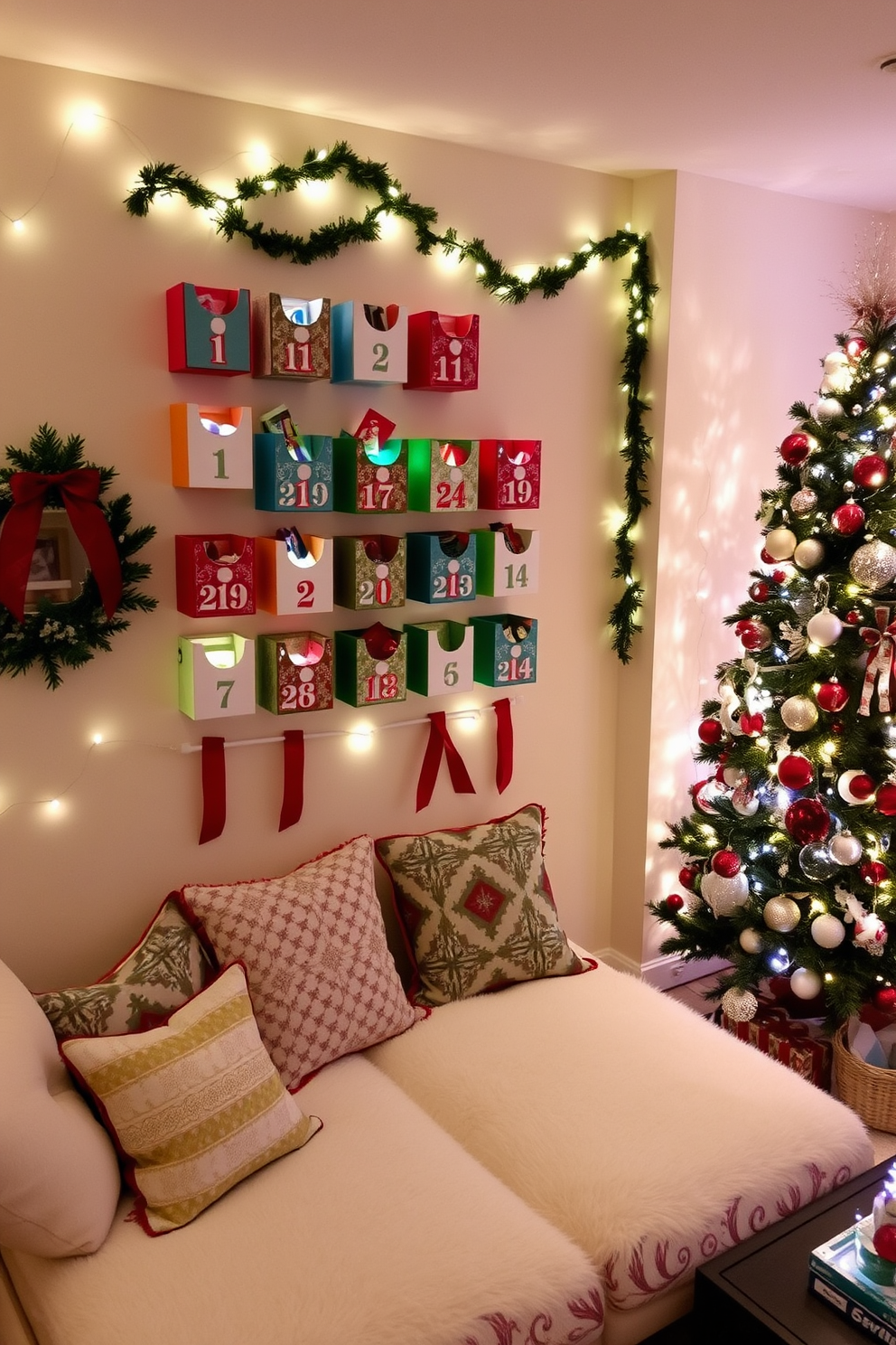 A DIY advent calendar is creatively displayed on the wall, featuring a series of small, decorative boxes in festive colors. Each box is filled with surprises and arranged in a visually appealing layout that enhances the holiday spirit. The basement is transformed into a cozy Christmas retreat, adorned with twinkling fairy lights and garlands. Plush seating areas are created with festive cushions, and a beautifully decorated tree stands in the corner, adding warmth to the festive atmosphere.