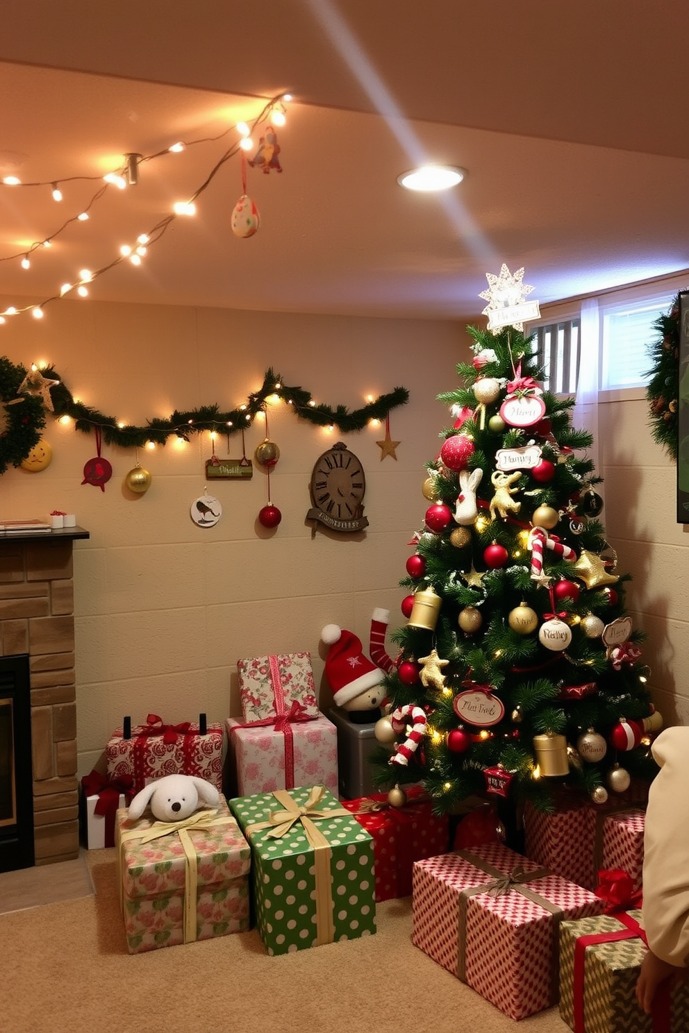 A cozy basement adorned with personalized ornaments. Twinkling lights hang from the ceiling, casting a warm glow over the space. A beautifully decorated Christmas tree stands in the corner, surrounded by wrapped gifts. Unique family ornaments are prominently displayed, adding a personal touch to the festive atmosphere.