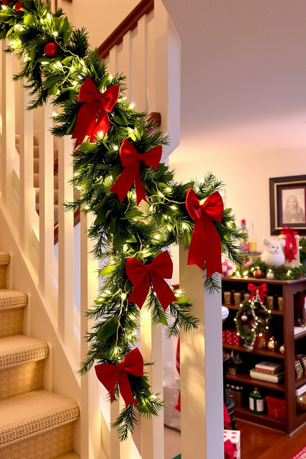 A beautifully adorned staircase railing draped with a lush decorative garland. The garland is embellished with twinkling fairy lights and vibrant red bows, creating a festive and inviting atmosphere. The basement is transformed into a cozy holiday retreat with warm lighting and cheerful decorations. Festive ornaments and themed decor adorn the shelves, creating a joyful and celebratory space for gatherings.