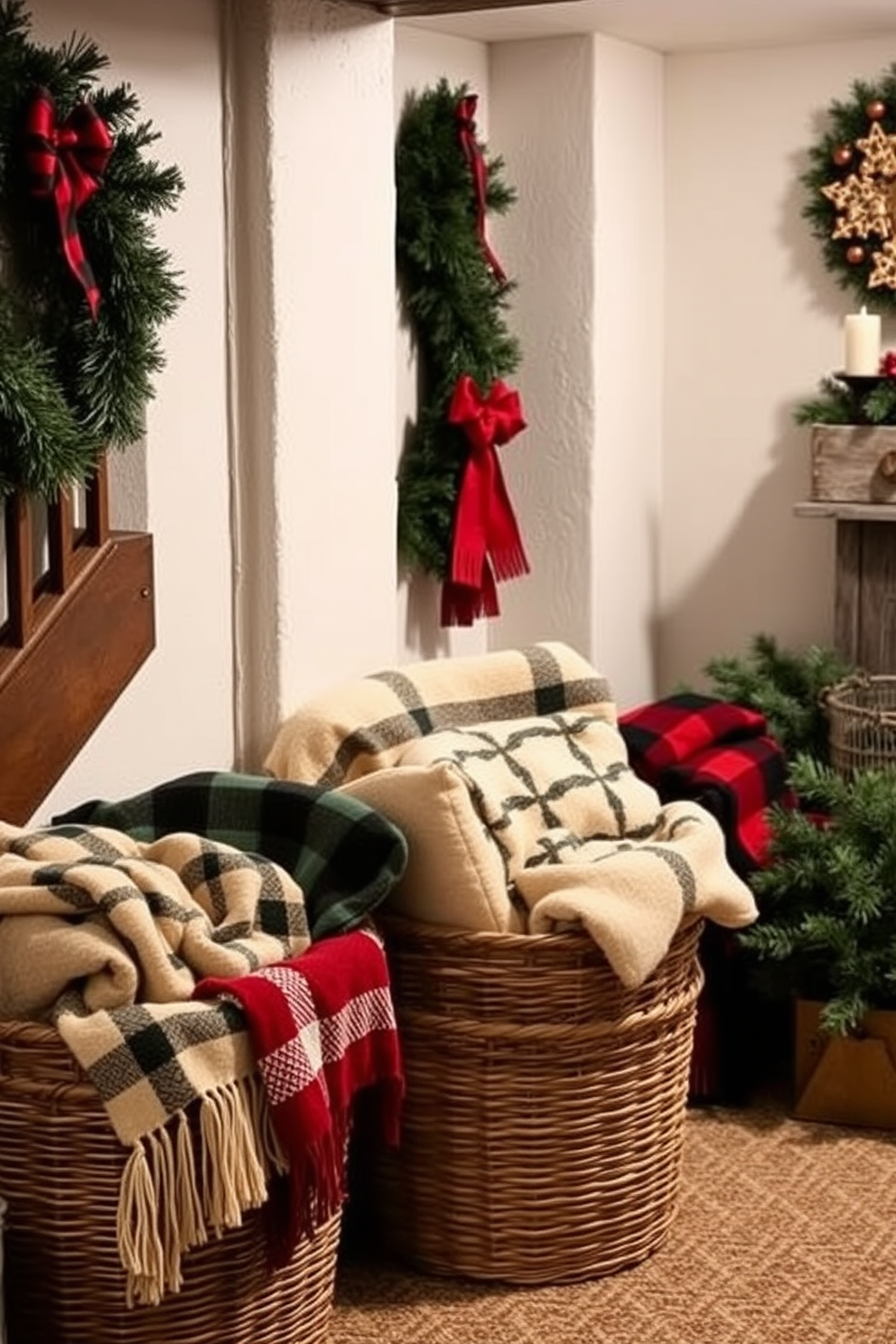 A cozy basement space decorated for Christmas. There are several seasonal throw blankets neatly stored in woven baskets, adding warmth and texture to the room.