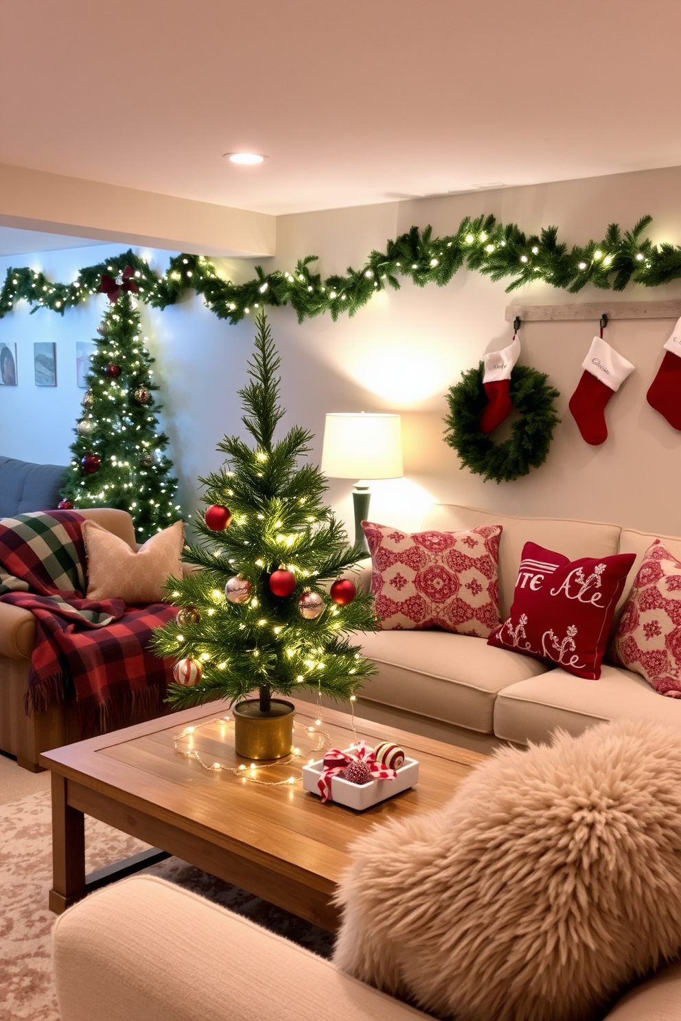 A cozy basement living area adorned for the holidays. A mini Christmas tree sits on the coffee table, surrounded by twinkling fairy lights and festive ornaments. The walls are decorated with garlands and stockings, creating a warm and inviting atmosphere. Plush blankets and seasonal pillows add comfort to the seating arrangement, making it the perfect space for holiday gatherings.