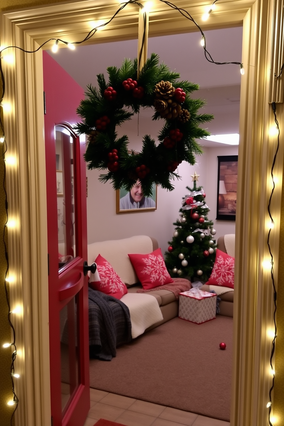 A festive wreath adorned with red berries and pinecones hangs on the basement door creating a warm and inviting entrance. Surrounding the door, twinkling string lights illuminate the area, enhancing the holiday spirit and drawing attention to the cheerful decoration. Inside the basement, a cozy seating area is arranged with plush blankets and festive throw pillows in seasonal colors. A small Christmas tree is decorated with ornaments and placed in the corner, adding a touch of holiday charm to the space.