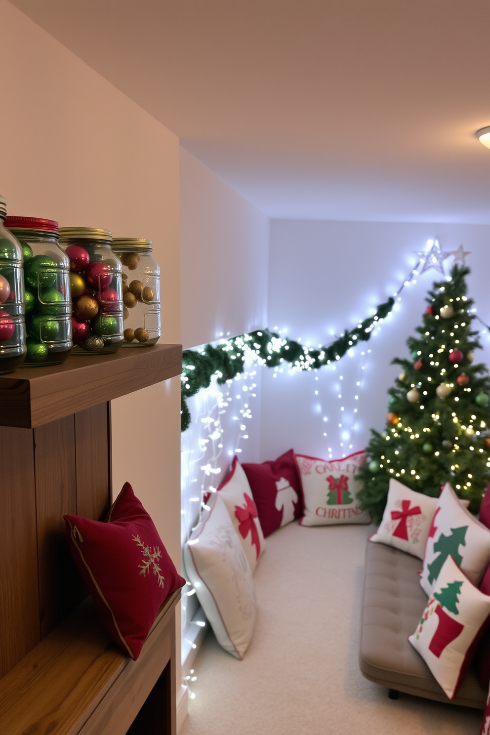 Colorful ornaments in glass jars are arranged on a rustic wooden shelf. The basement is transformed into a festive wonderland with twinkling fairy lights and a cozy seating area adorned with holiday-themed cushions.