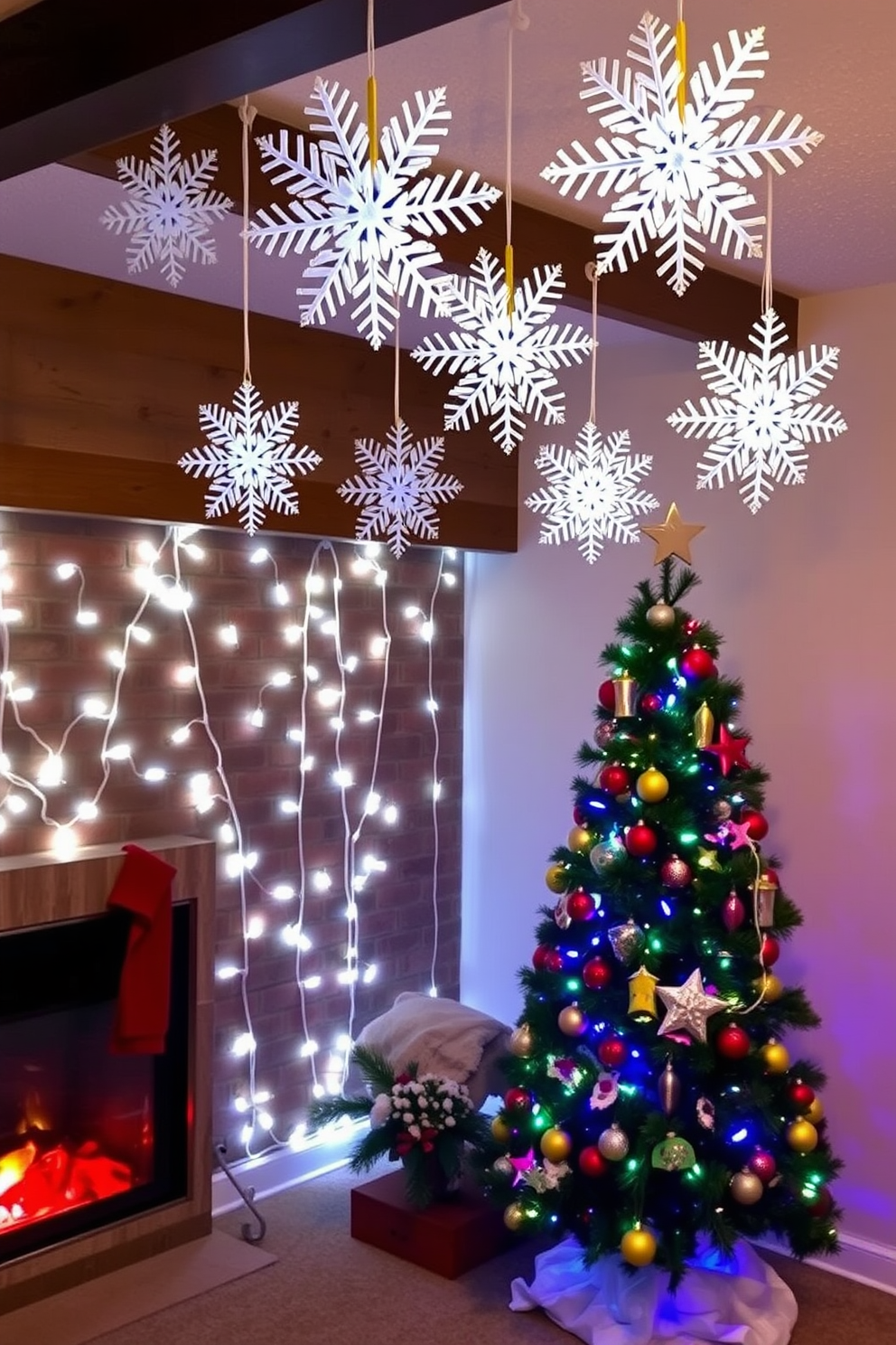 Create a cozy basement space for Christmas with DIY snowflakes hanging from the ceiling. The walls are adorned with twinkling fairy lights, and a festive tree stands in the corner, decorated with colorful ornaments.