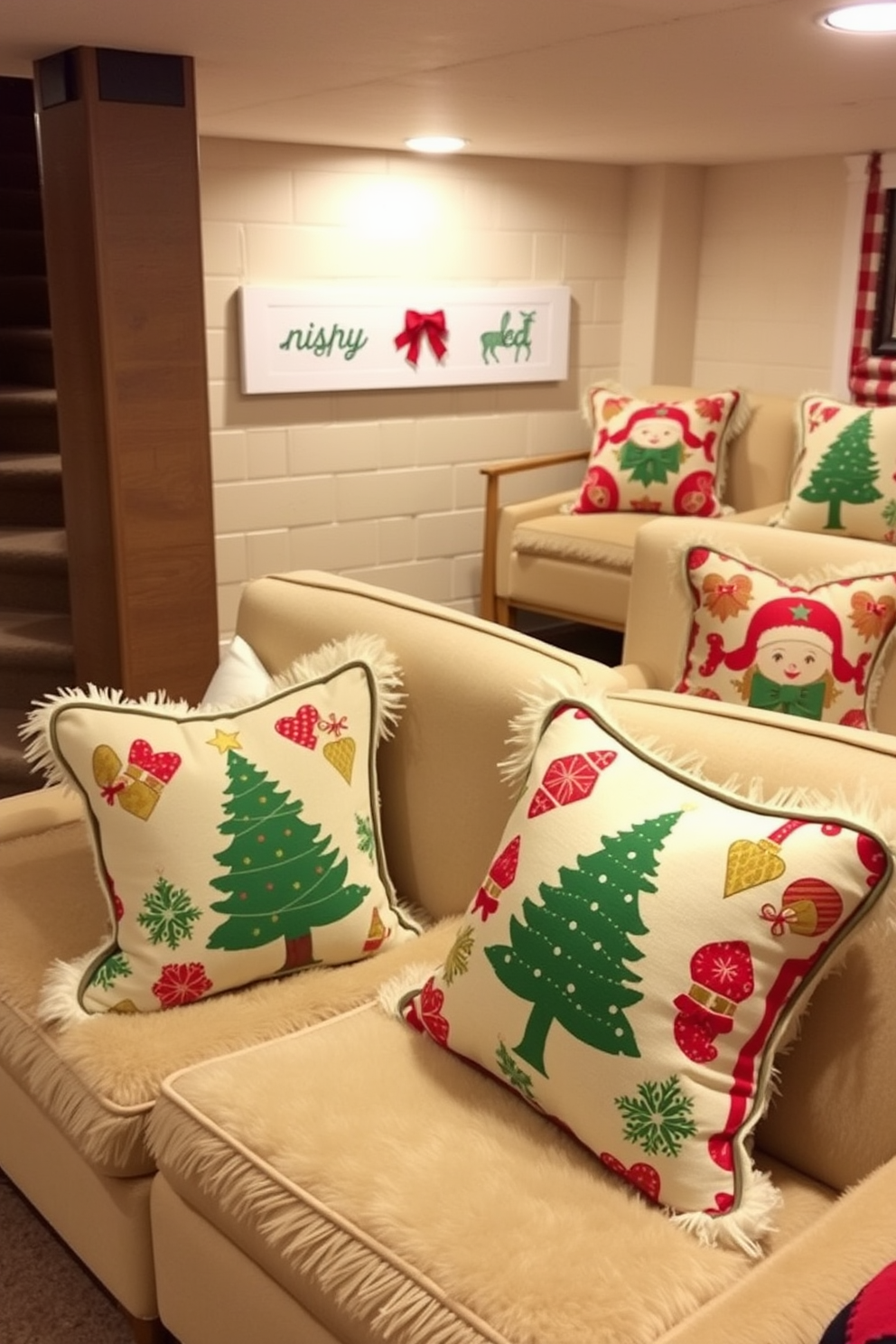 A cozy basement space adorned with Christmas-themed throw pillows on plush chairs. The pillows feature festive patterns in red and green, adding a cheerful touch to the room's ambiance.