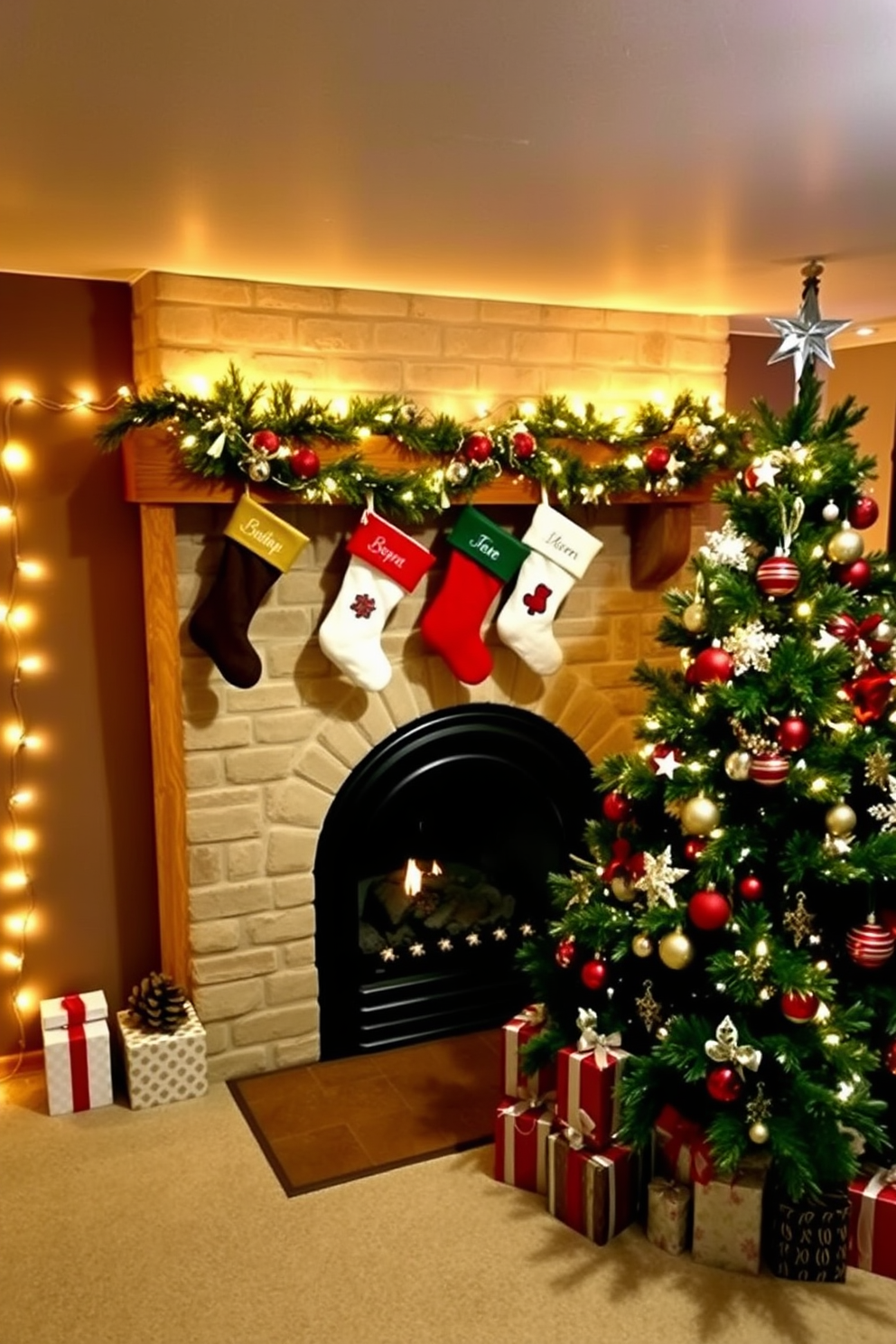 A cozy basement decorated for Christmas features a traditional fireplace with a wooden mantle. Stockings in various colors are hung with care, each personalized with names, adding a festive touch to the warm atmosphere. The space is adorned with twinkling string lights draped along the walls, creating a magical glow. A beautifully decorated tree stands in the corner, surrounded by wrapped gifts and festive ornaments, enhancing the holiday spirit.