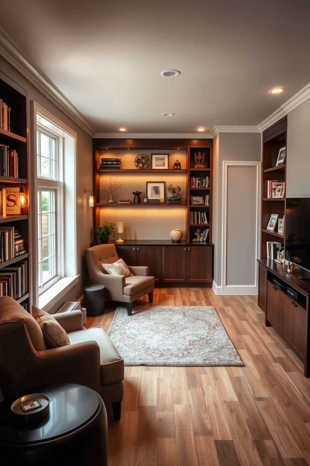 Cozy reading nook with built-in shelves. A plush armchair is positioned next to a large window, allowing natural light to flood the space. The walls are lined with custom-built shelves filled with books and decorative items. A soft area rug anchors the seating area, creating a warm and inviting atmosphere. Basement design ideas. The space features an open layout with a comfortable sectional sofa and a large entertainment unit. Warm lighting fixtures are strategically placed to enhance the cozy ambiance, while a small kitchenette adds functionality to the area.