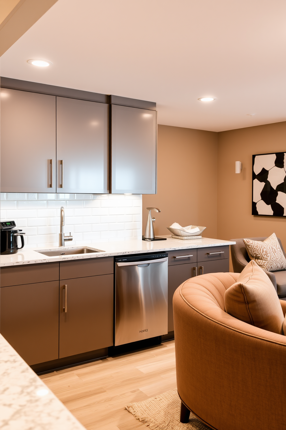 A modern kitchenette featuring sleek stainless steel appliances and minimalist cabinetry. The countertops are a polished quartz with a subtle veining pattern, and the backsplash is a glossy subway tile in white. In the basement, the design incorporates a cozy lounge area with plush seating and a warm color palette. Soft lighting from recessed fixtures creates an inviting atmosphere, complemented by a small kitchenette for convenience.