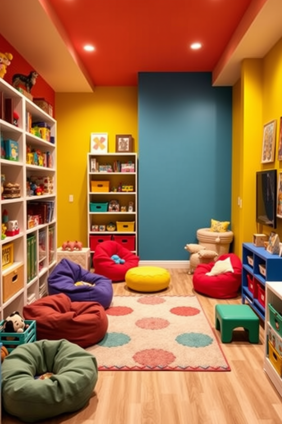 A vibrant playroom filled with colorful decor and toys. The walls are painted in bright primary colors, and a soft area rug covers the floor, providing a cozy space for play. The room features shelves filled with an array of toys, books, and games. Comfortable seating options, like bean bags and small chairs, create inviting spots for children to relax and enjoy their activities. The basement is designed as a multifunctional space with a cozy seating area and entertainment options. Soft lighting and warm colors create an inviting atmosphere, perfect for family gatherings or movie nights.