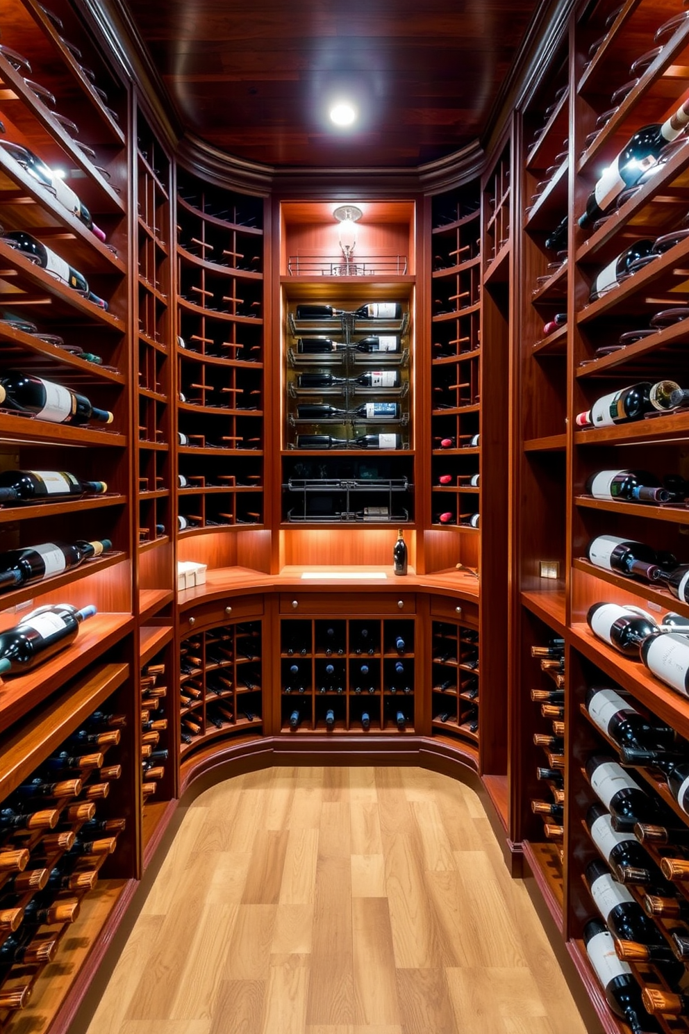 A luxurious wine cellar featuring custom wooden shelving that showcases a curated selection of fine wines. The walls are adorned with rich mahogany panels, and the ambient lighting creates a warm and inviting atmosphere.