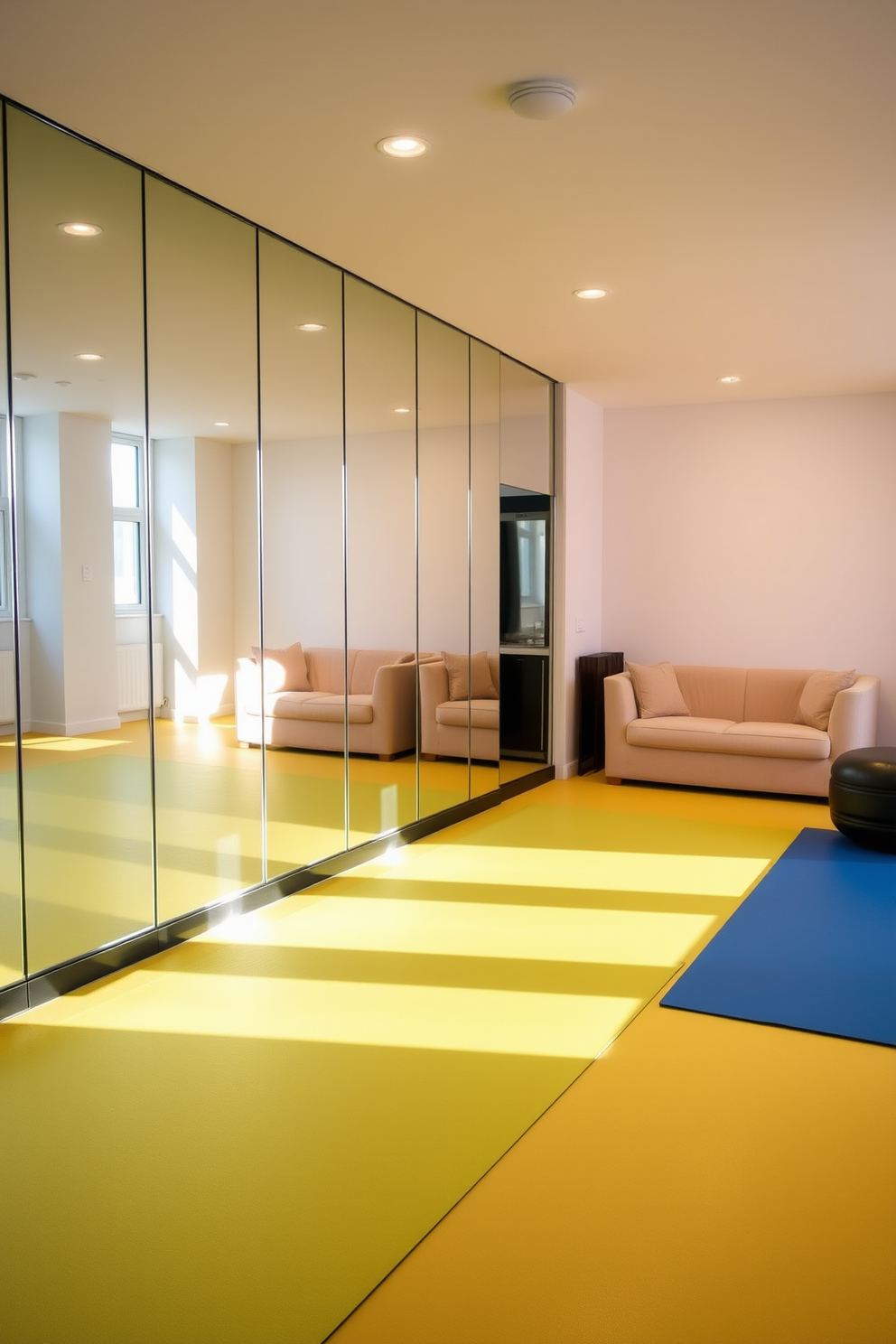 A modern gym area featuring mirrored walls that reflect natural light, creating a spacious and inviting atmosphere. The floor is covered with high-quality exercise mats in a vibrant color, providing a comfortable surface for workouts. The basement design incorporates a cozy lounge area with plush seating and soft lighting for relaxation. A small kitchenette is integrated into the space, offering convenience for post-workout snacks and refreshments.