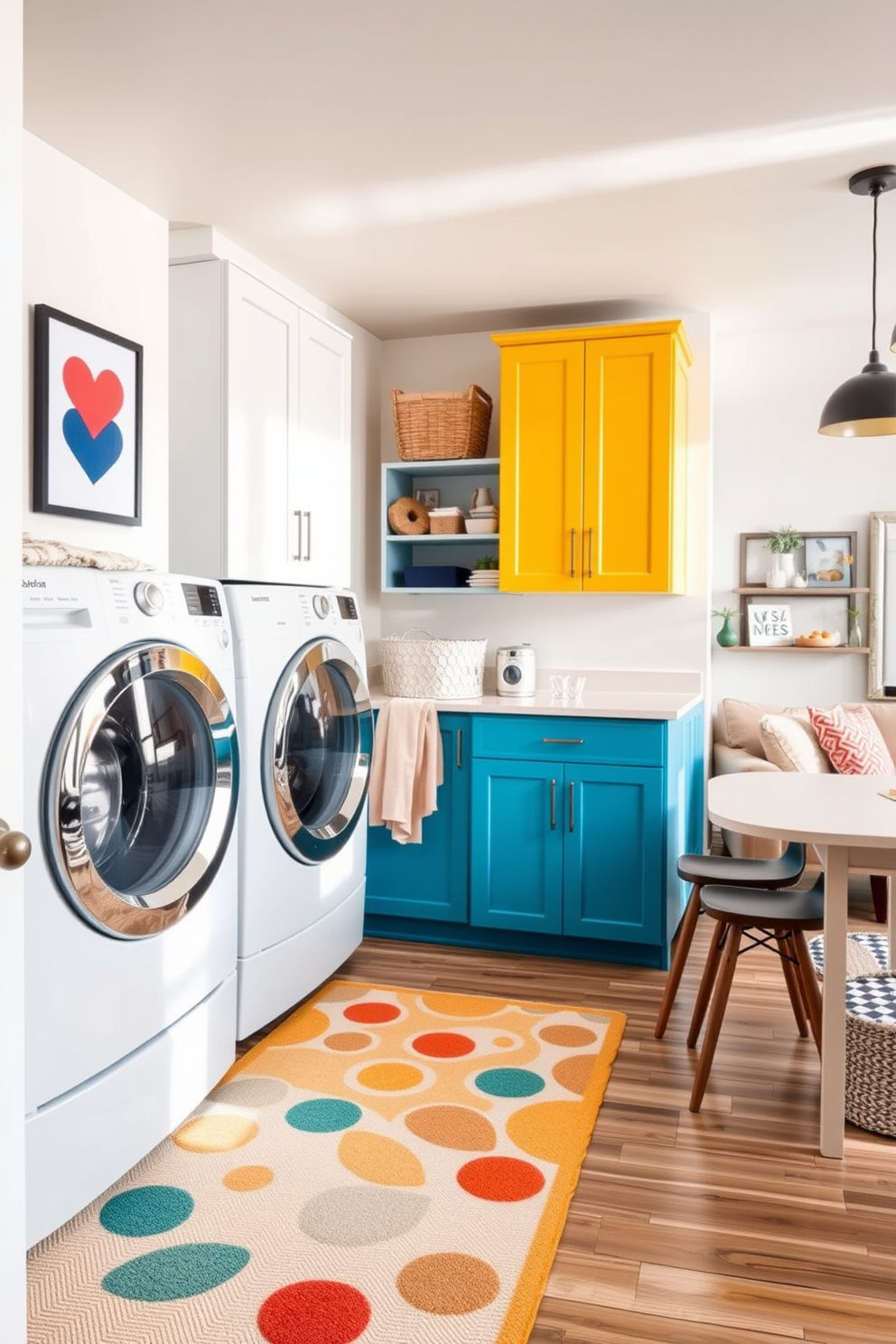 A bright laundry area filled with natural light features colorful cabinets and playful wall art. The space includes a large countertop for folding clothes and a cheerful rug that adds warmth to the room. In the basement, a cozy family room showcases a mix of comfortable seating and modern decor. The design incorporates soft lighting, a stylish bar area, and playful accents that create an inviting atmosphere.