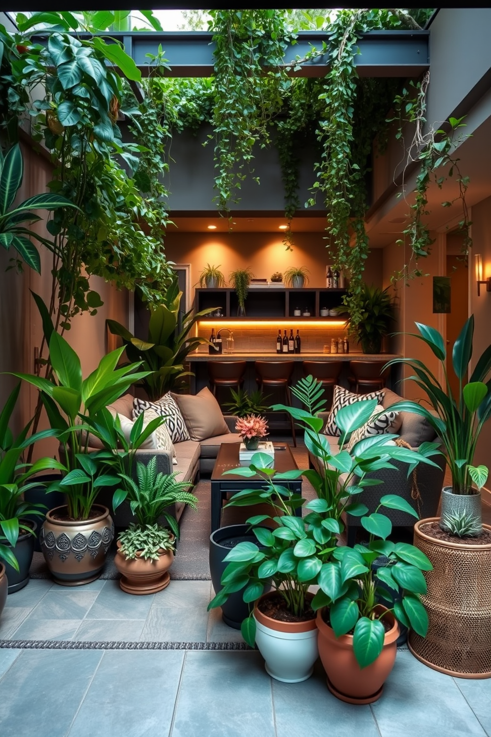 Indoor garden with potted plants and seating. The space features a variety of lush green plants in decorative pots, arranged around a comfortable seating area with a small coffee table. Basement design ideas that maximize space and light. Incorporate a cozy lounge area with plush seating, complemented by soft lighting and a small bar for entertaining.