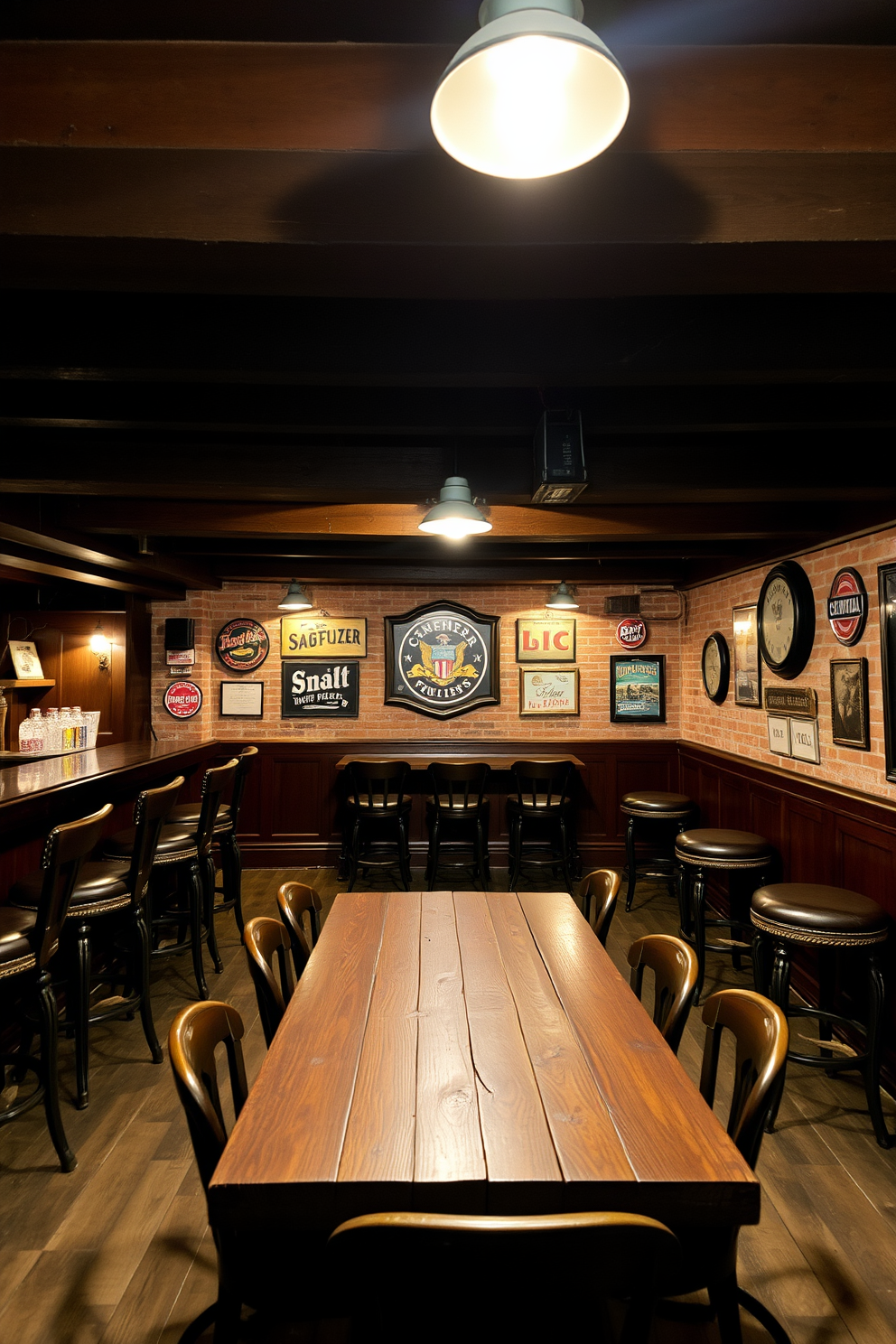 A vintage-inspired basement pub features dark wooden beams across the ceiling and exposed brick walls that add warmth and character. The bar area is adorned with polished mahogany, complemented by high-backed leather stools that invite guests to sit and enjoy a drink. Soft, ambient lighting creates a cozy atmosphere, while vintage beer signs and memorabilia decorate the walls. A rustic wooden table in the center is surrounded by mismatched chairs, offering a casual yet inviting space for gatherings.