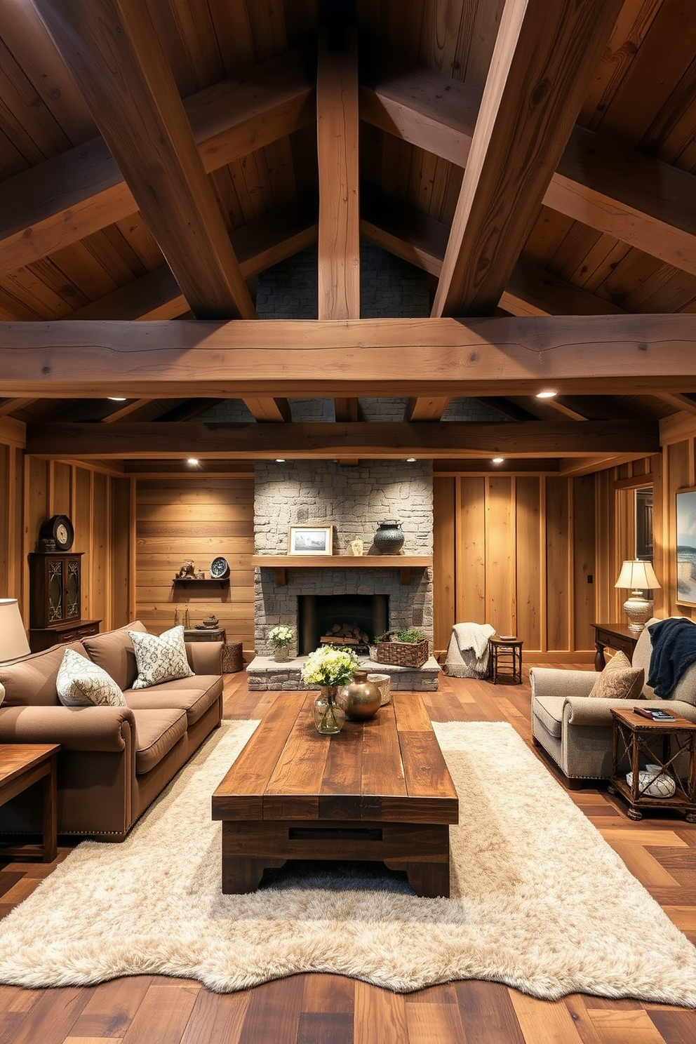 A rustic retreat basement design featuring exposed wooden beams that create a warm and inviting atmosphere. The space is adorned with cozy furnishings, including a large sectional sofa and a reclaimed wood coffee table, complemented by soft, ambient lighting. The walls are finished with natural wood paneling, enhancing the rustic charm, while a stone fireplace serves as the focal point of the room. To add character, vintage decor items and plush rugs are strategically placed throughout the space.