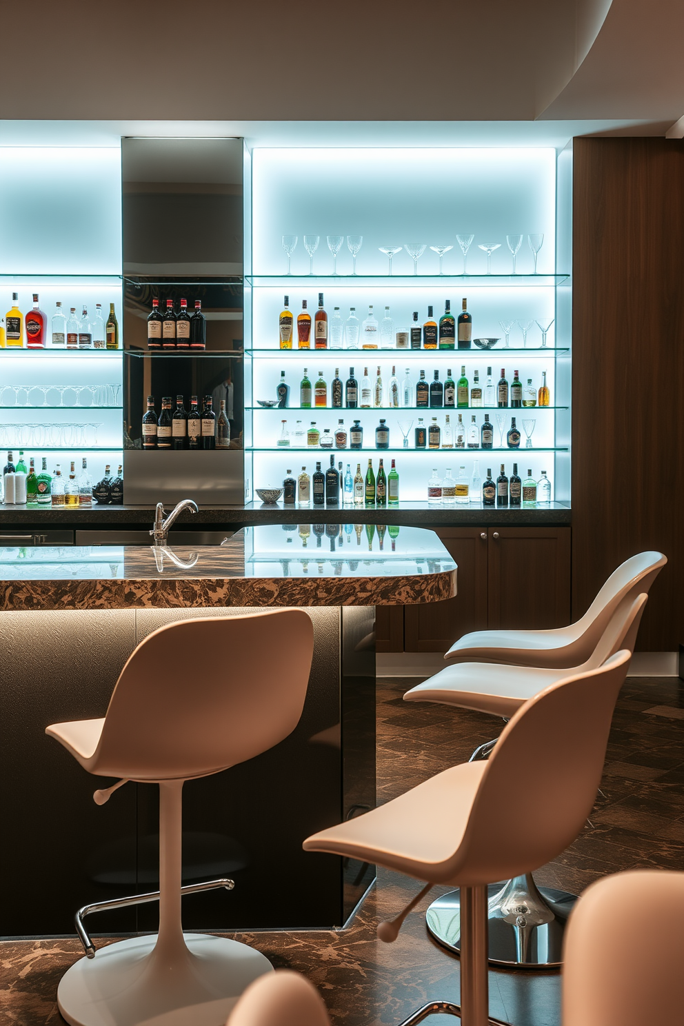 A sleek bar area featuring modern bar stools with a minimalist design. The countertop is made of polished granite, and the back wall is lined with illuminated shelves displaying an array of spirits and glassware.