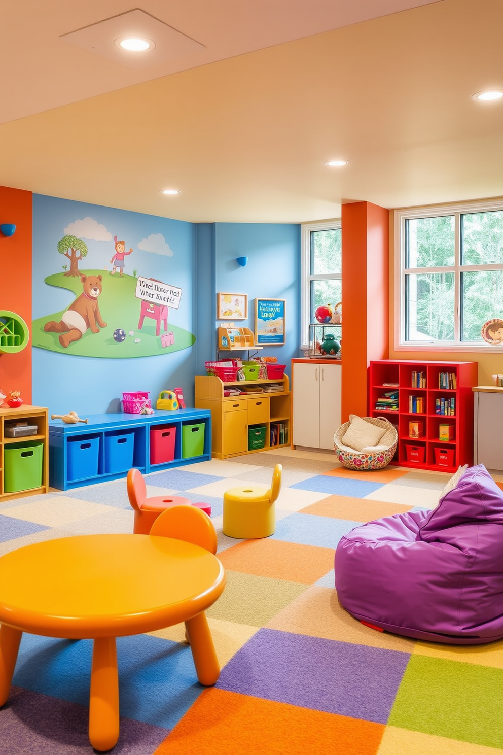 A vibrant children's play area designed with safety features. The space includes soft, cushioned flooring and rounded furniture to ensure a secure environment for play. Brightly colored walls are adorned with playful murals and storage solutions for toys. A cozy reading nook with plush bean bags invites creativity and relaxation. The basement features an open layout with ample natural light from large windows. Stylish storage units blend seamlessly into the design, keeping the area organized and functional.