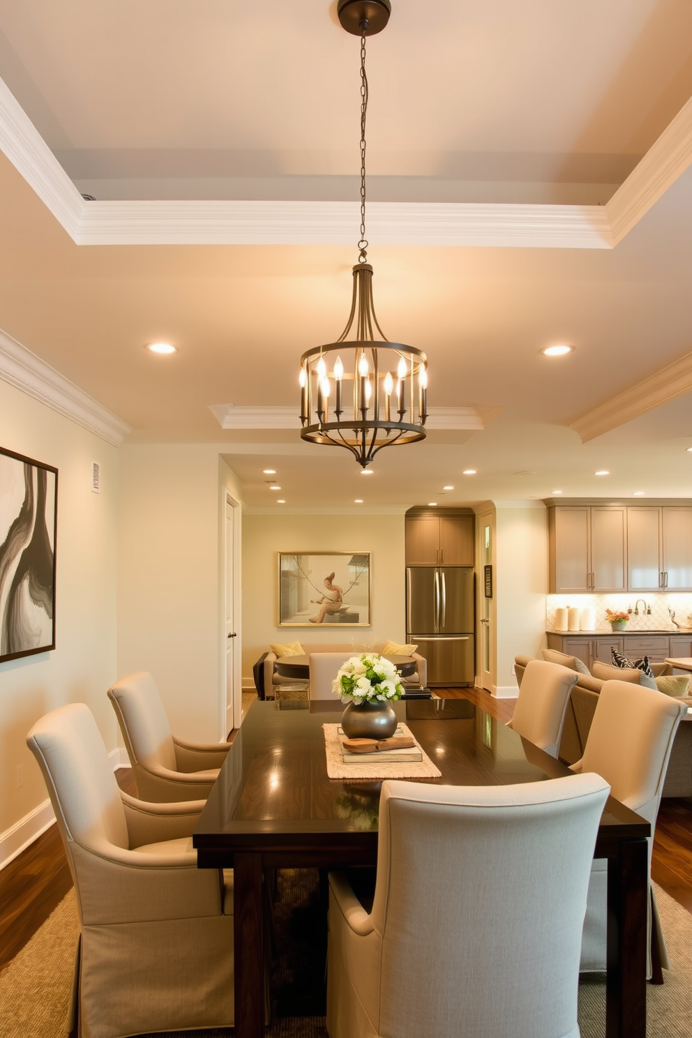 Elegant dining area for family gatherings. The space features a large wooden table surrounded by upholstered chairs in a soft neutral fabric. A statement chandelier hangs above the table, providing warm ambient lighting. The walls are painted in a light cream color, and a large piece of artwork adds a touch of sophistication. Basement design ideas that maximize space and comfort. The area includes a cozy lounge with a sectional sofa and a coffee table, perfect for relaxation and entertainment. A small kitchenette is tucked into one corner, complete with stylish cabinetry and modern appliances. Soft lighting and warm colors create an inviting atmosphere for family gatherings.