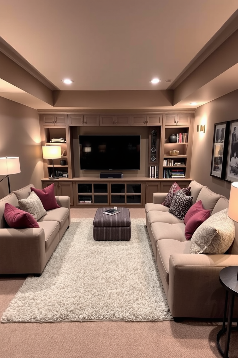 A cozy movie corner featuring a large sectional sofa adorned with plush cushions in various textures and colors. The walls are painted in a warm taupe, and soft lighting from floor lamps creates an inviting atmosphere. A large flat-screen TV is mounted on the wall opposite the sofa, surrounded by built-in shelves filled with books and decorative items. A thick area rug lies beneath the seating area, adding warmth and comfort to the basement design.