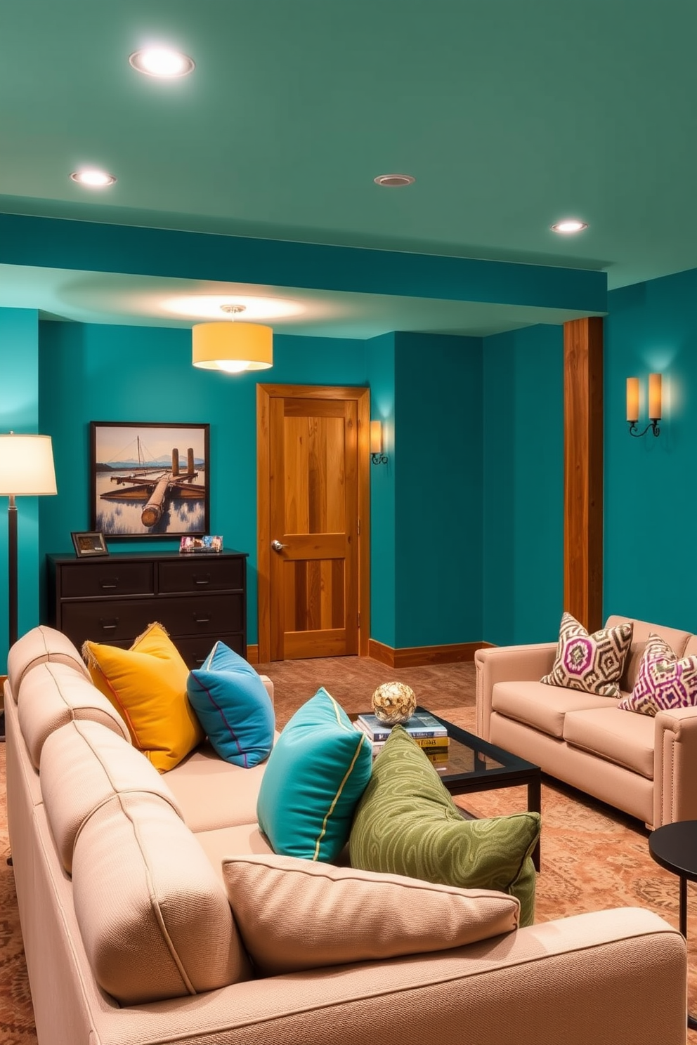 Brightly colored accent walls create a vibrant and inviting atmosphere in a basement space. Consider a bold teal wall paired with warm wood tones for a striking contrast. Incorporate cozy seating arrangements with plush sofas and colorful throw pillows. Add layered lighting options, including floor lamps and wall sconces, to enhance the overall ambiance.