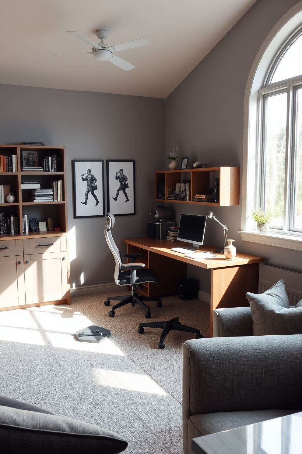 A functional home office with good lighting. The space features a sleek wooden desk positioned under a large window, allowing natural light to flood the room. The walls are painted in a soft gray, complemented by a comfortable ergonomic chair. Shelves filled with books and decorative items line one side, creating an inspiring work environment. Basement design ideas focus on maximizing space and comfort. The area includes a cozy lounge with a sectional sofa, a coffee table, and a small kitchenette tucked into one corner.