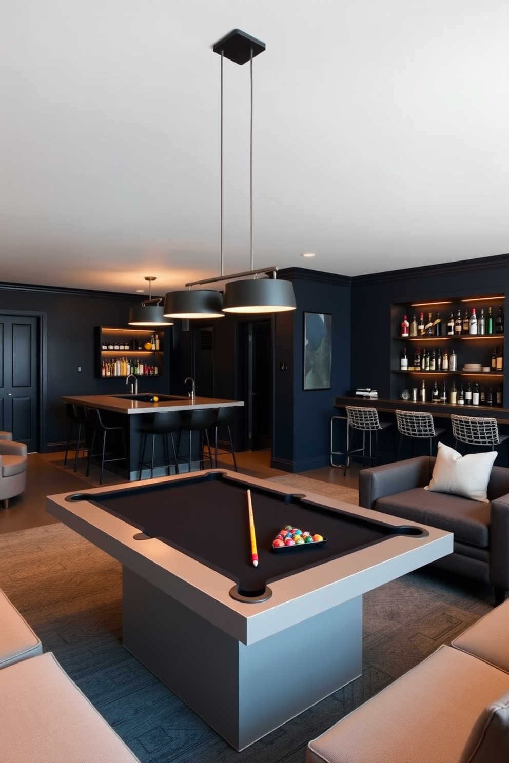 A stylish game room featuring a sleek pool table at the center, surrounded by comfortable seating. A modern bar area is located against one wall, equipped with high stools and a variety of drinks displayed on open shelves. The walls are painted in a deep navy blue, creating a cozy atmosphere. Soft lighting fixtures hang from the ceiling, casting a warm glow over the space.