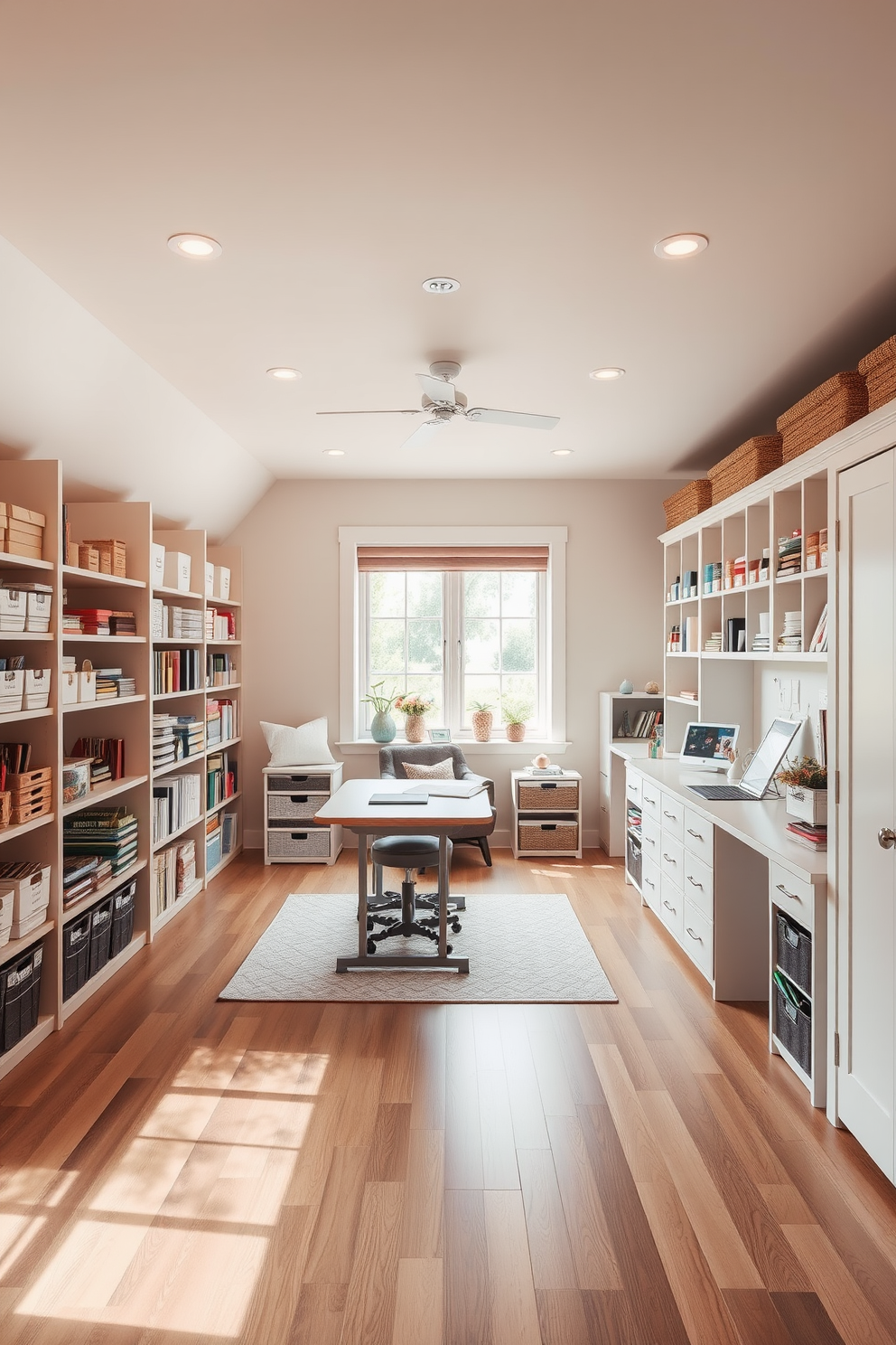 A stylish craft room featuring organized storage solutions. The walls are painted in a soft pastel color, and a large work table sits in the center, surrounded by shelves filled with neatly arranged craft supplies. The floor is covered with a durable laminate that mimics wood, providing warmth to the space. Natural light floods in through a window, illuminating a cozy reading nook with a comfortable chair and a small bookshelf.