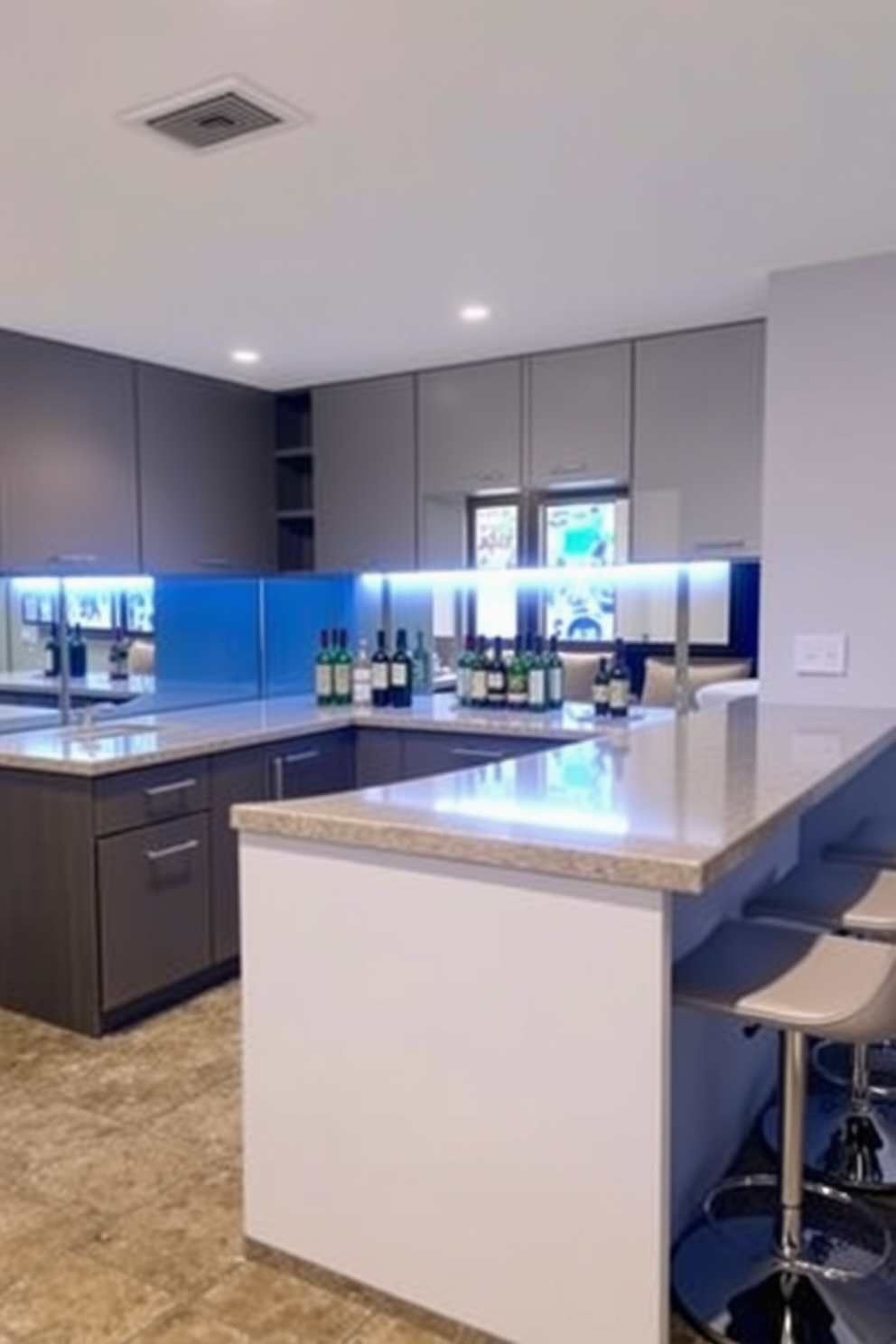 A stylish basement dry bar featuring a mirrored backsplash that enhances the spacious feel of the room. The bar area includes sleek cabinetry, a polished countertop, and modern bar stools arranged invitingly around the space.