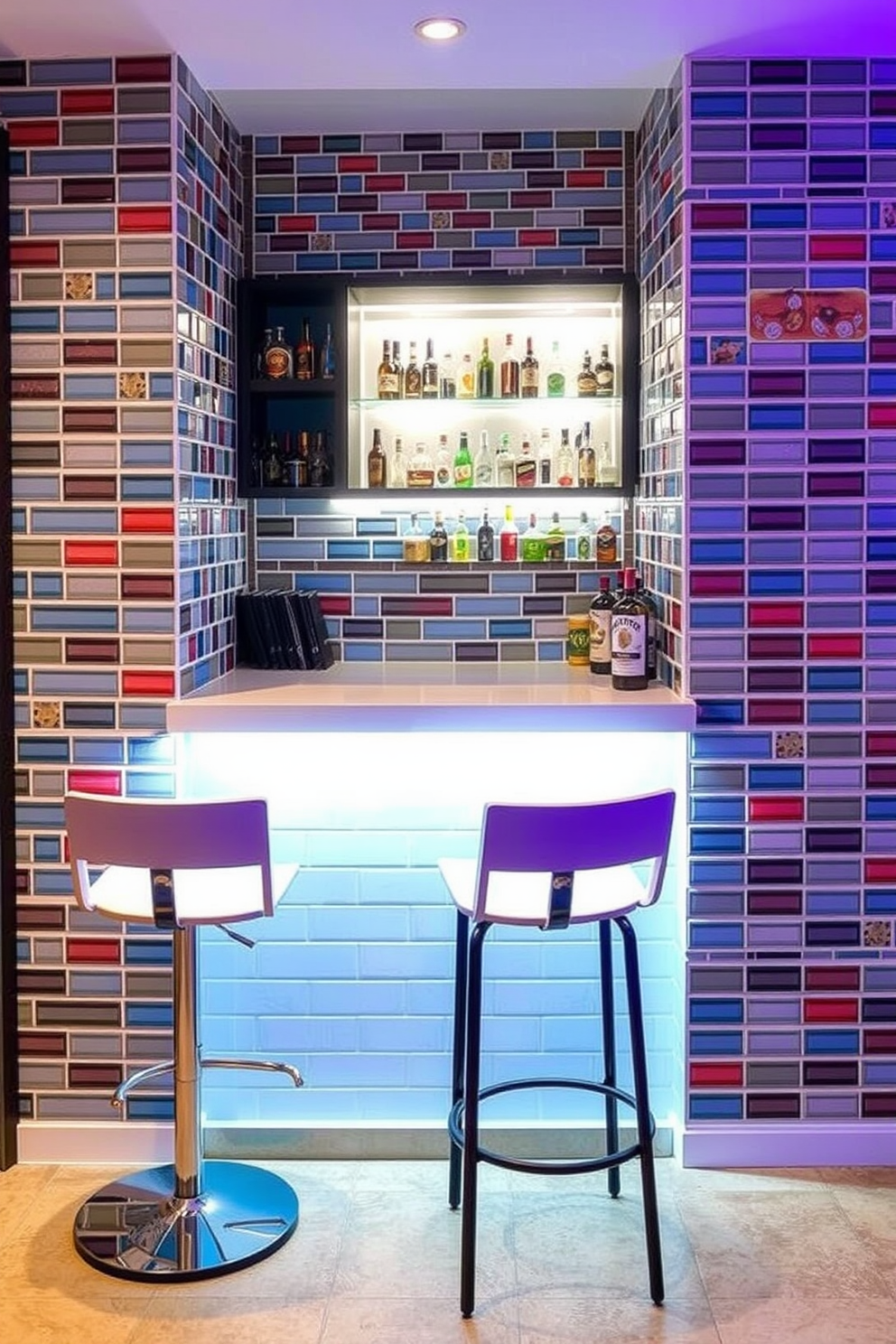 A stylish basement dry bar featuring colorful tile accents that bring a vibrant flair to the space. The bar is equipped with a sleek countertop and modern stools, creating an inviting atmosphere for entertaining guests. The walls are adorned with eye-catching tile patterns in various hues, adding a playful touch to the design. Ambient lighting highlights the bar area, enhancing the overall aesthetic and creating a warm, welcoming vibe.