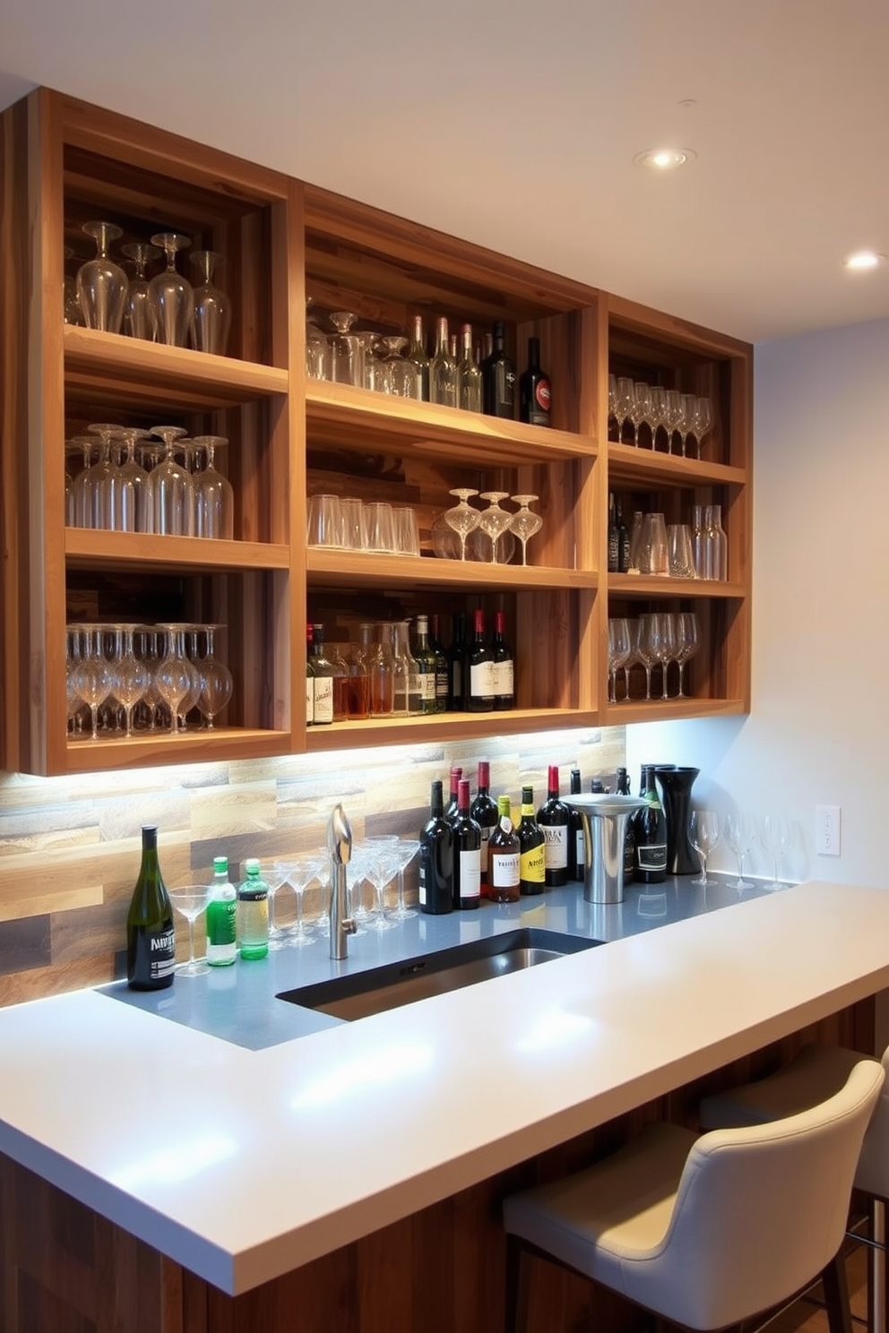 A stylish basement dry bar featuring open shelving for easy access to drinks. The shelves are made of reclaimed wood, showcasing an array of glassware and bottles in an organized yet casual manner. The bar area includes a sleek countertop with bar stools positioned for comfortable seating. Ambient lighting highlights the shelves, creating a warm and inviting atmosphere perfect for entertaining guests.