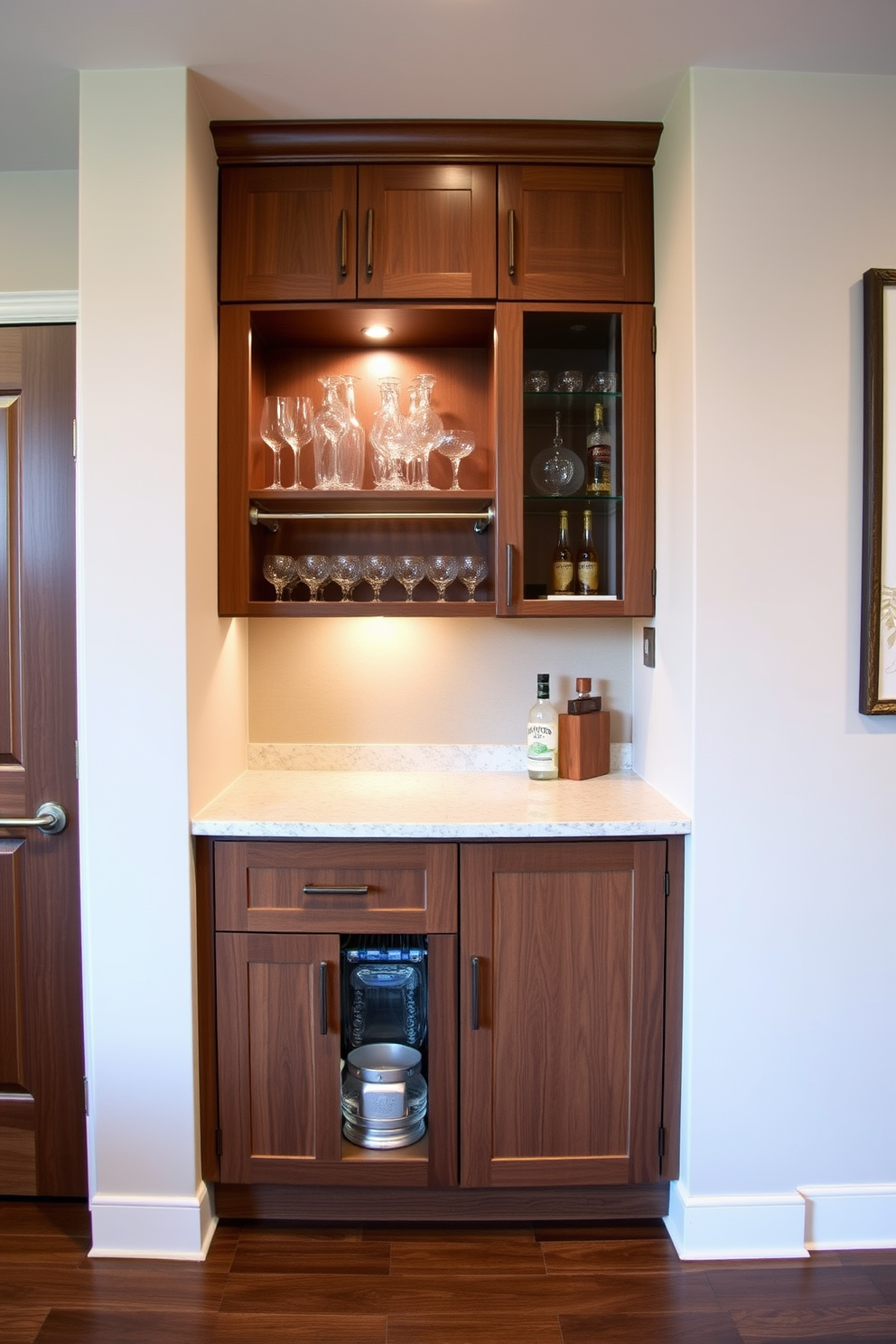 A stylish basement dry bar featuring custom cabinetry designed for personalized storage. The cabinetry is finished in a rich walnut wood, with sleek hardware and under-cabinet lighting illuminating the space.