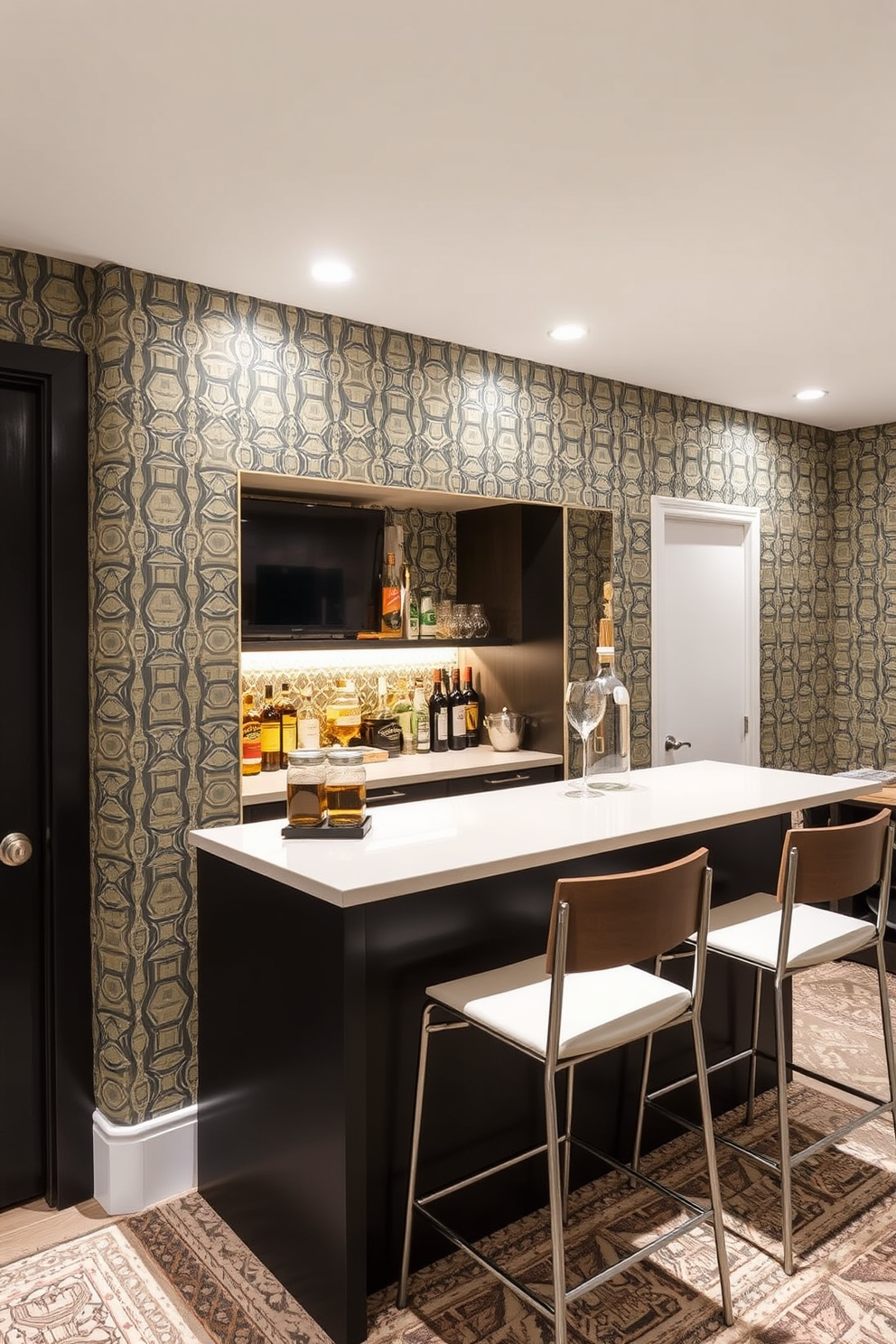 A stylish basement dry bar features bold wallpaper with a geometric pattern that adds visual interest to the space. The bar area is equipped with a sleek countertop, modern bar stools, and ambient lighting that creates a welcoming atmosphere.