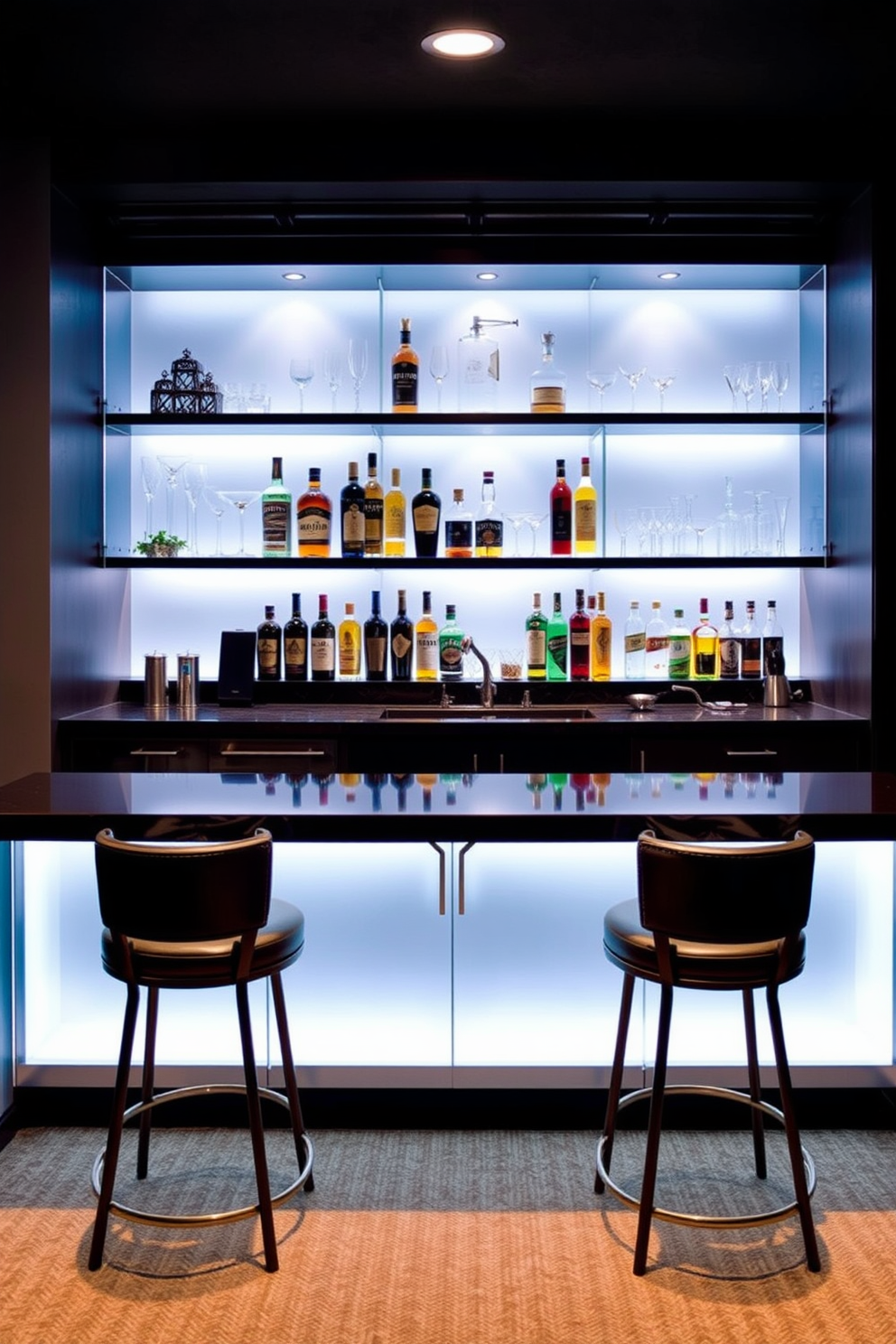 A stylish basement dry bar features sleek cabinetry with under-cabinet lighting that creates a warm and inviting ambiance. The bar is equipped with a polished countertop, complemented by elegant bar stools and decorative shelving displaying an assortment of spirits and glassware.